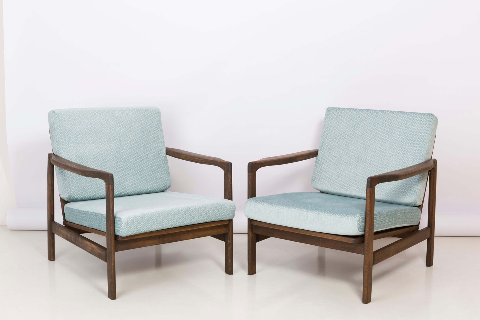 Set Of Two Midcentury Baby Blue Pattern Velvet Armchairs, Zenon Baczyk, 1960s photo furniture