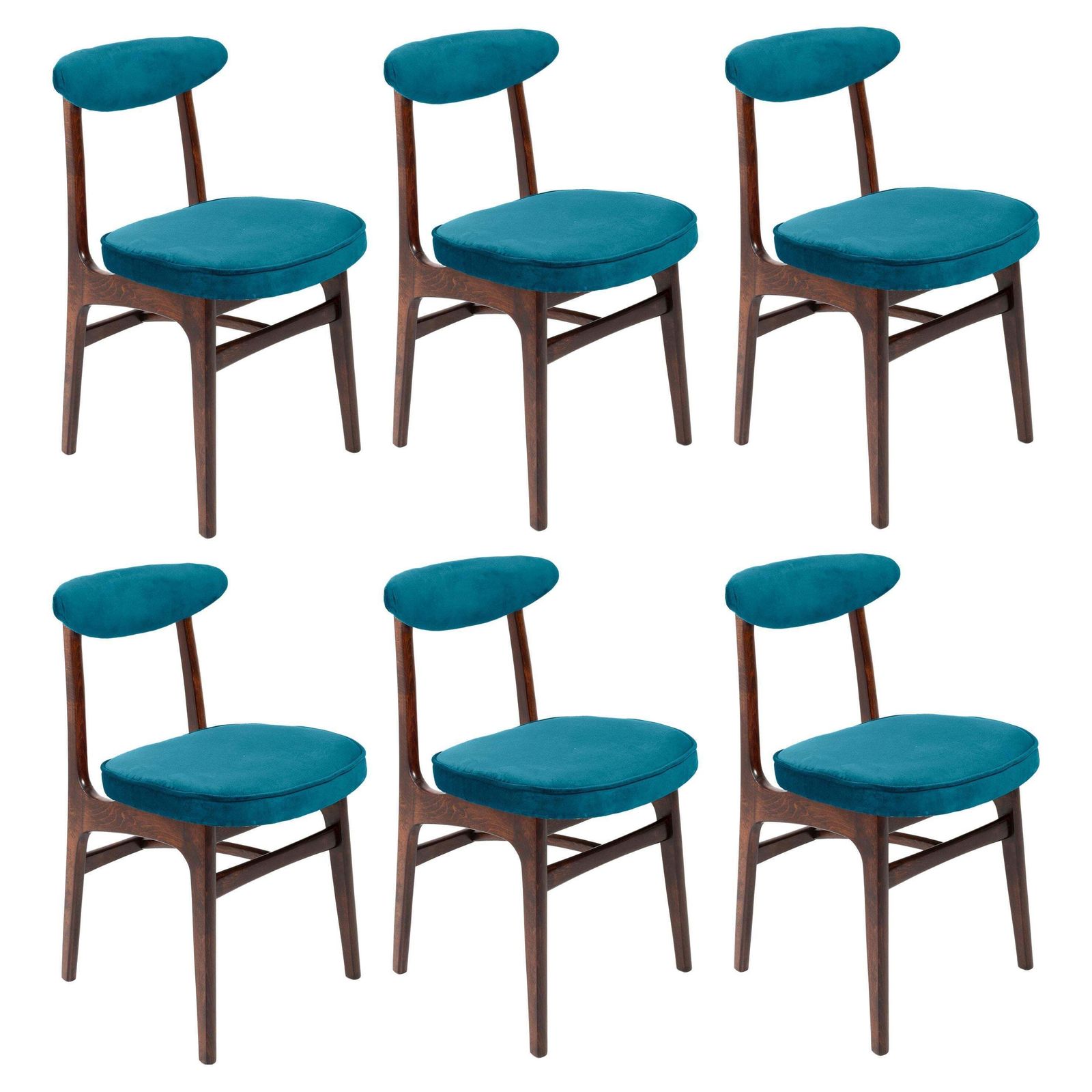 Six 20th Century Petrol Blue Velvet Chairs By Rajmund Halas, Europe, 1960s