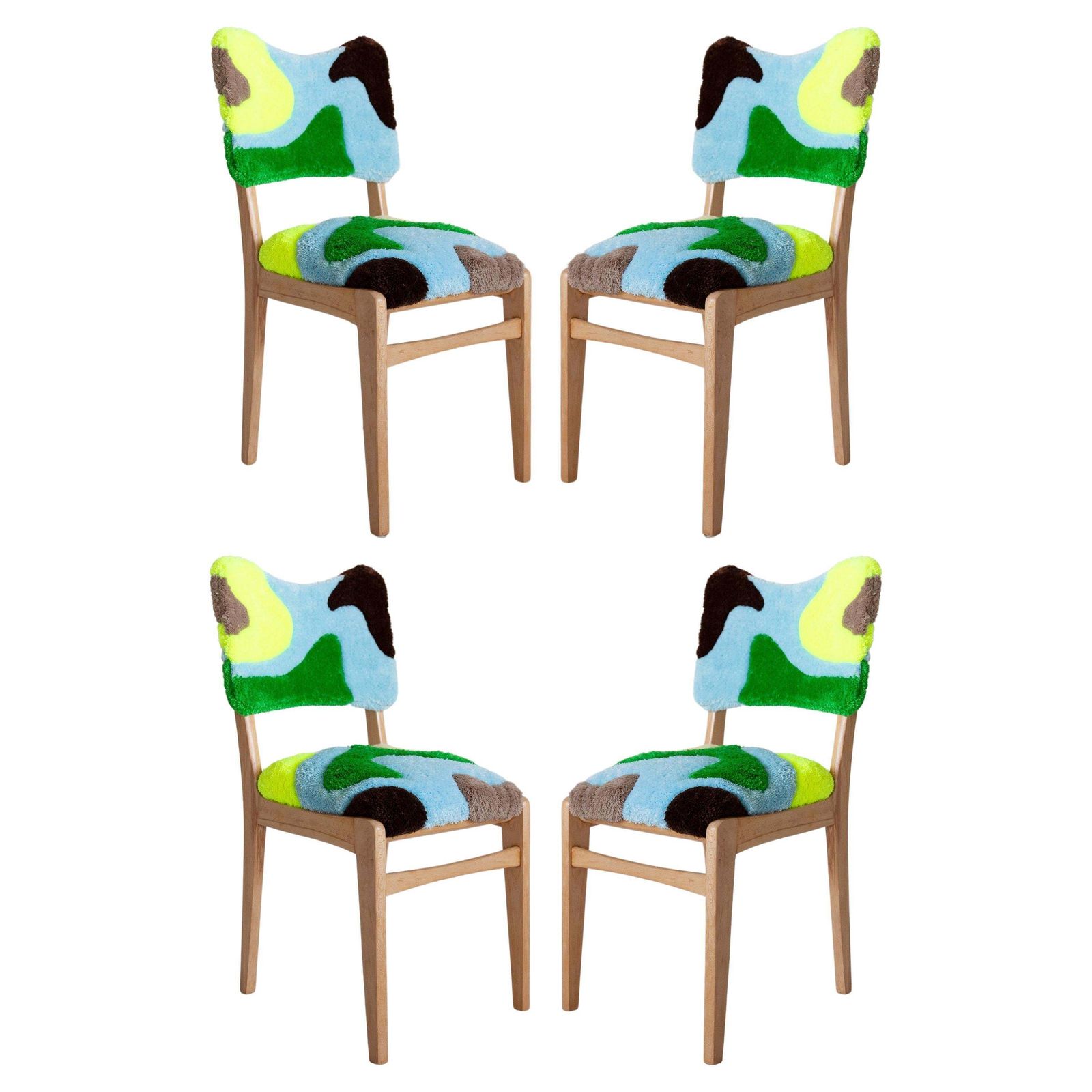 Set Of Four Mid Century Tufting Chairs, Light Wood, Rajmund Halas, Poland, 1960s