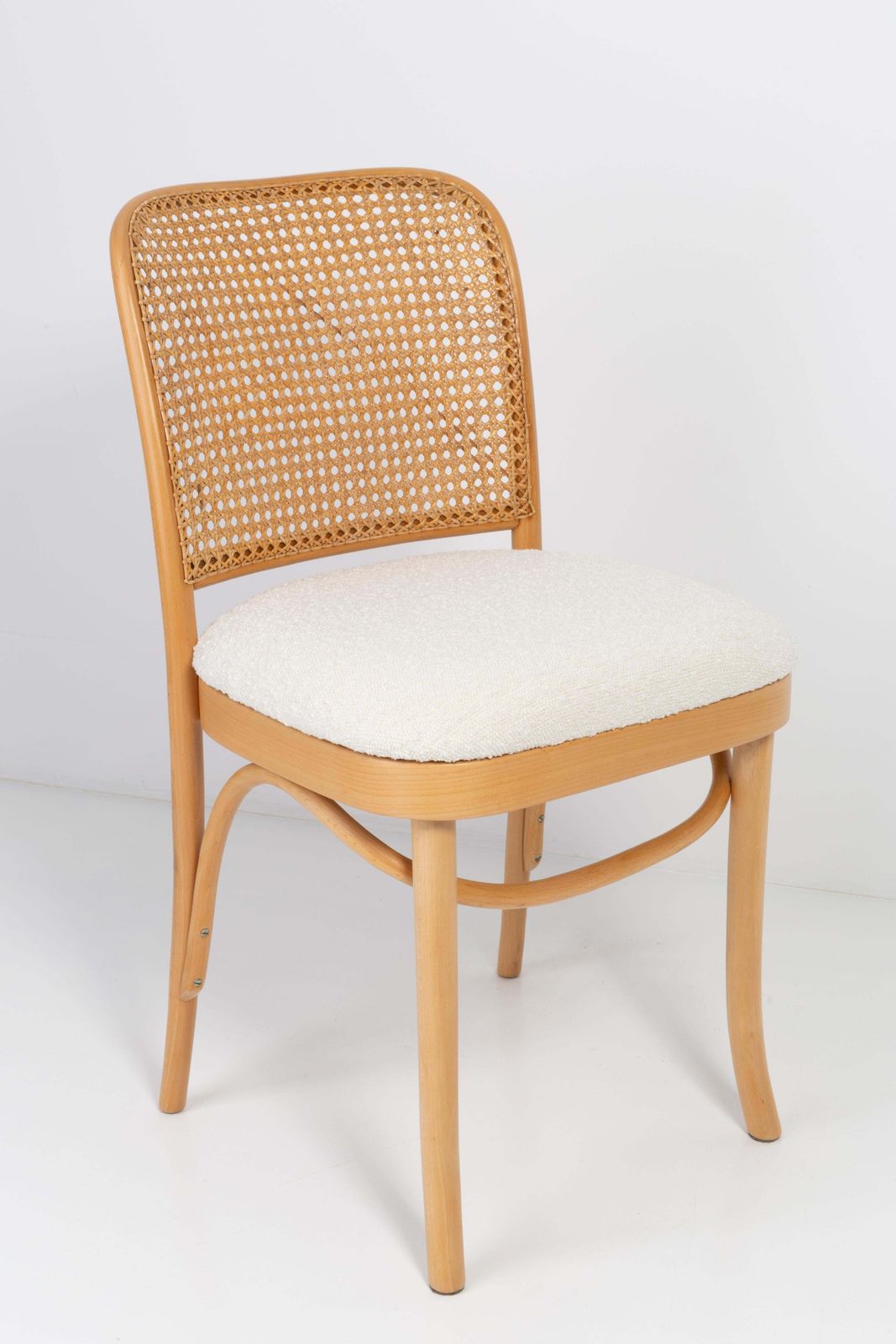 Set Of Six White Boucle Thonet Wood Rattan Chairs, 1960s photo vinterior