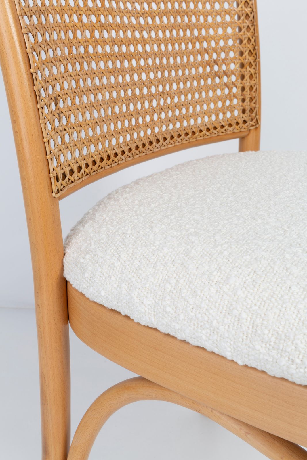 Furniture Set Of Six White Boucle Thonet Wood Rattan Chairs, 1960s photo