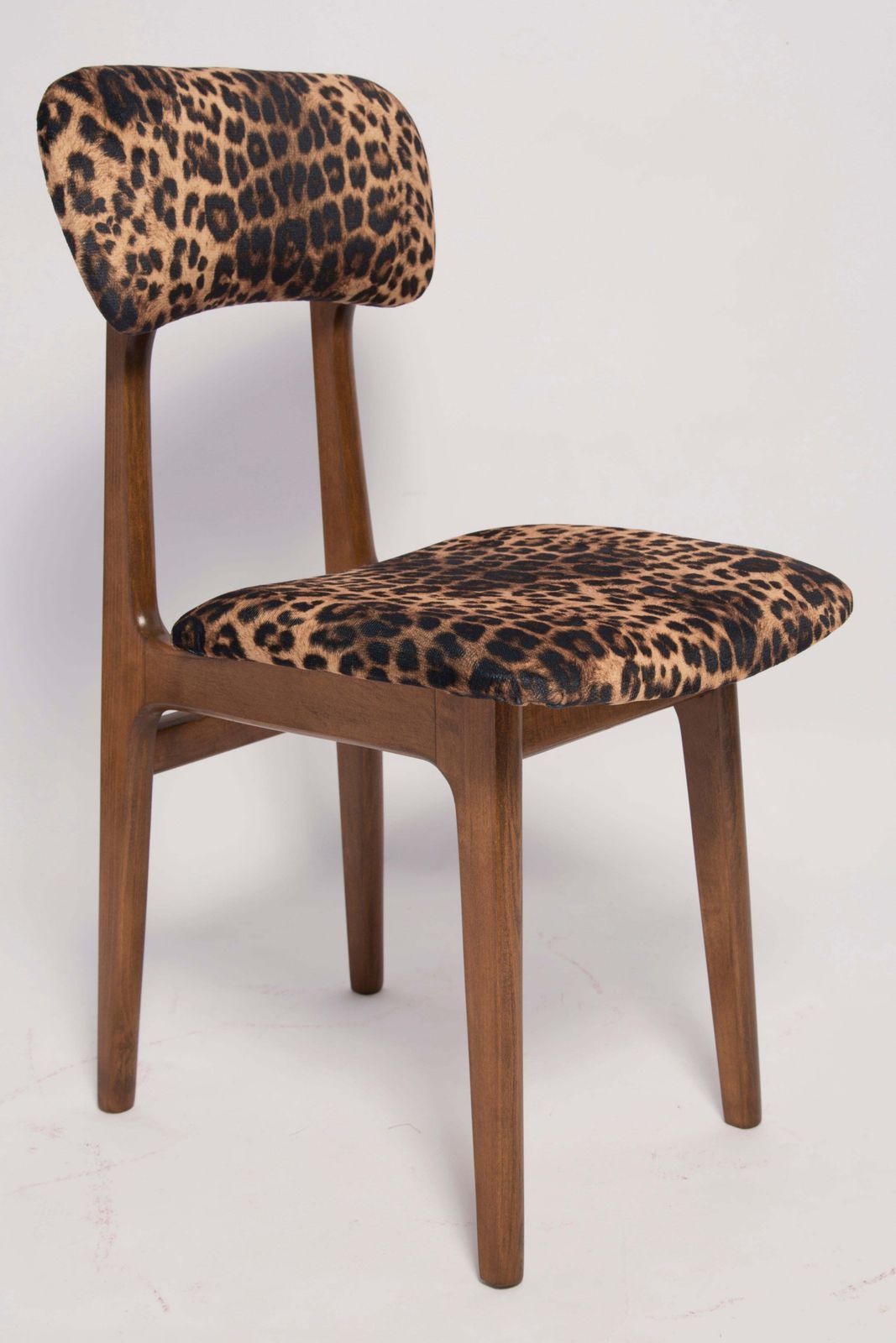 Six Mid Century Leopard Velvet Chairs, Walnut Wood, Rajmund Halas, Poland, 1960s photo for sale