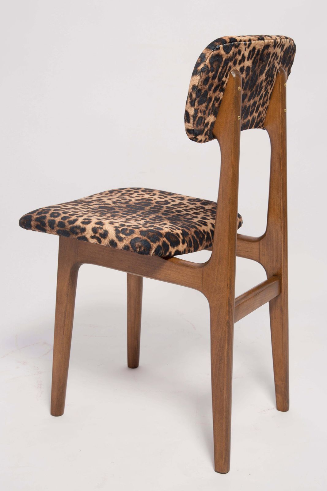 photo furniture Six Mid Century Leopard Velvet Chairs, Walnut Wood, Rajmund Halas, Poland, 1960s