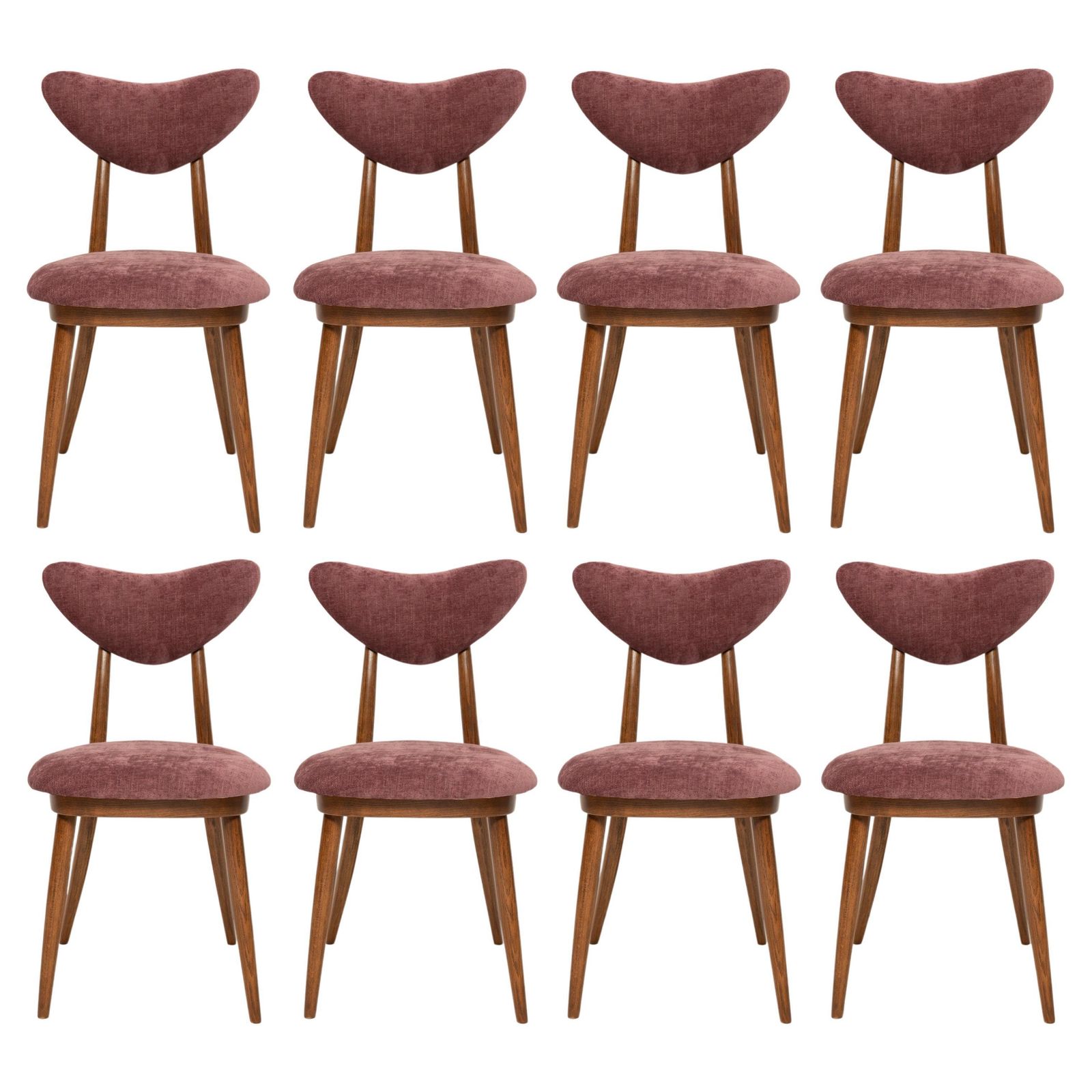 Set Of Eight Midcentury Violet Velvet, Walnut Wood Heart Chairs, Europe, 1960