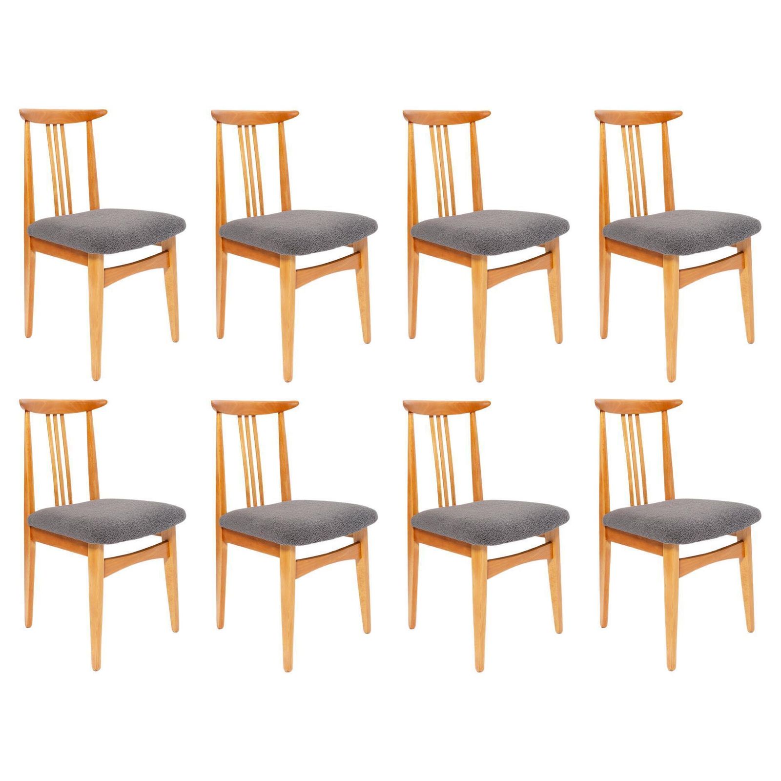 Eight Mid Century Graphite Boucle Chairs, Light Wood, M Zielinski, Europe, 1960