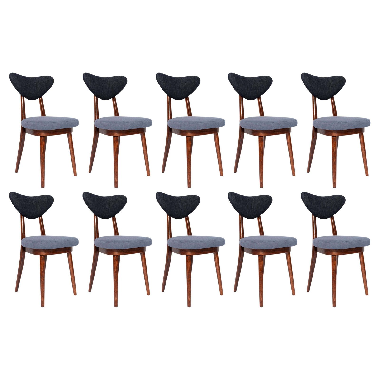 Set Of Ten Midcentury Medium And Dark Blue Denim Heart Chairs, Europe, 1960s