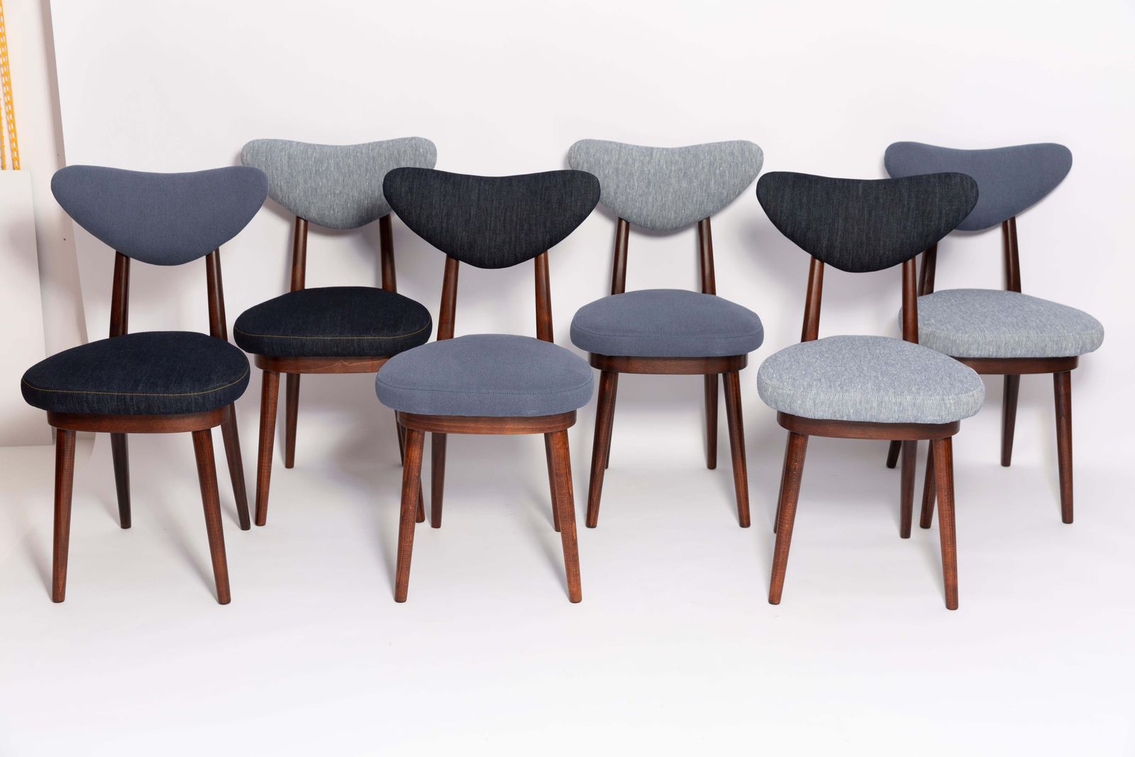 photo vintage Set Of Ten Midcentury Medium And Dark Blue Denim Heart Chairs, Europe, 1960s