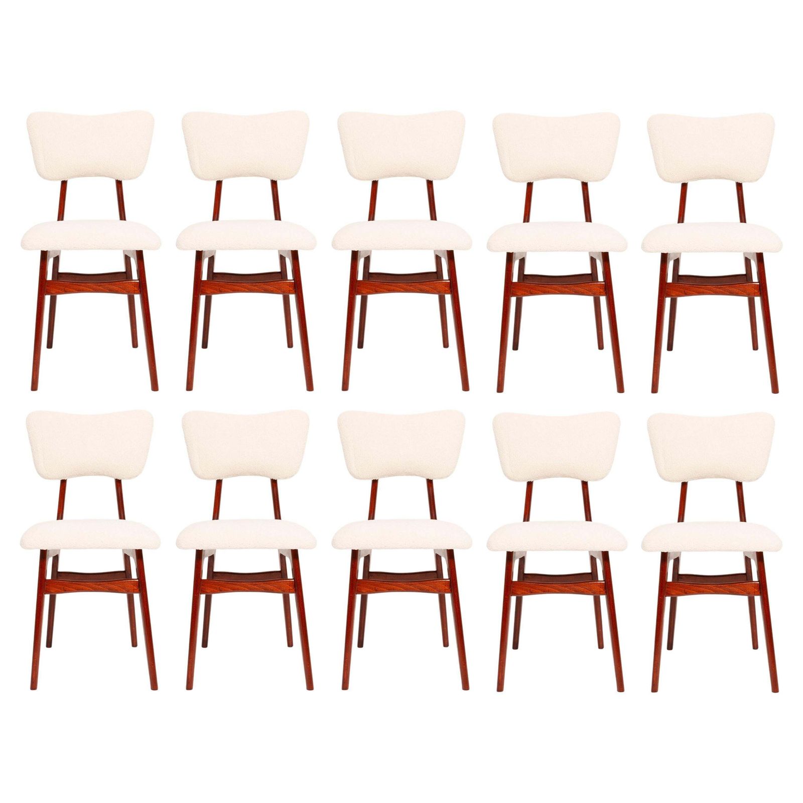 Ten 20th Century Light Crème Boucle And Cherry Wood Butterfly Chairs 1960 Europe