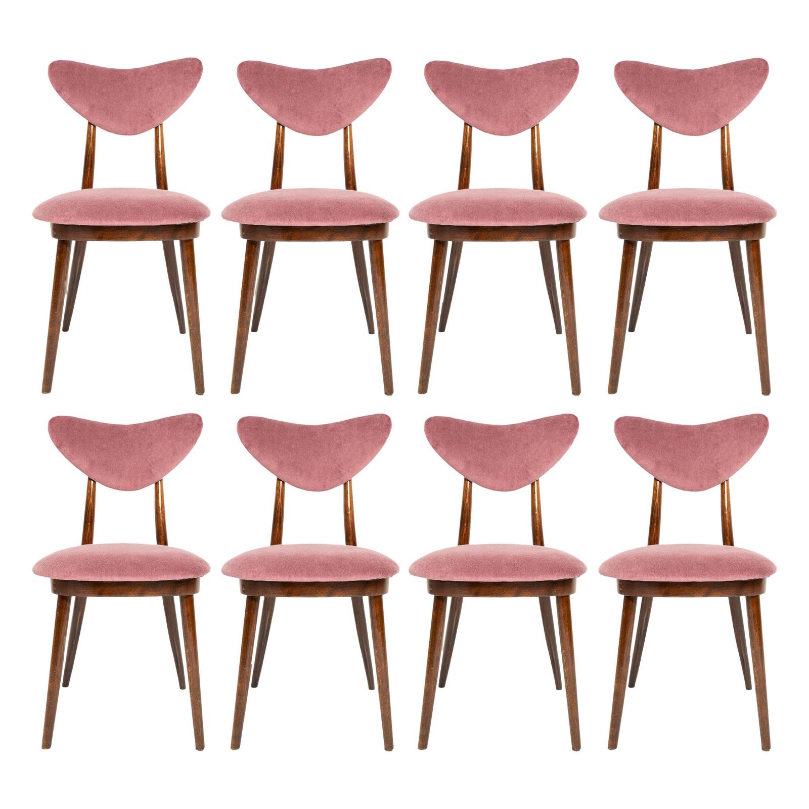 Set Of Eight Mid Century Burgundy Cotton Velvet Heart Chairs, Europe, 1960s