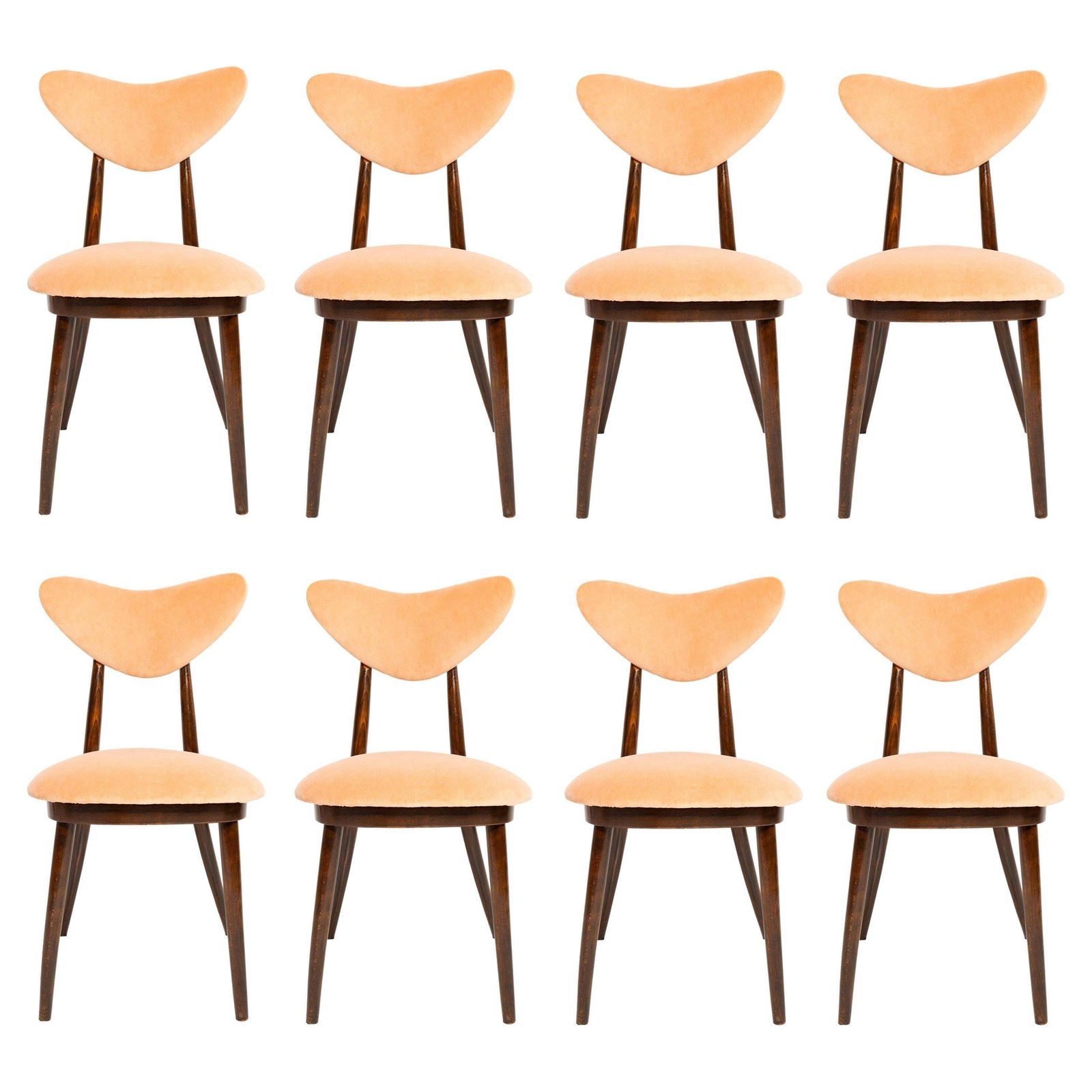 Set Of Eight Mid Century Orange Cotton Velvet Heart Chairs, Europe, 1960s