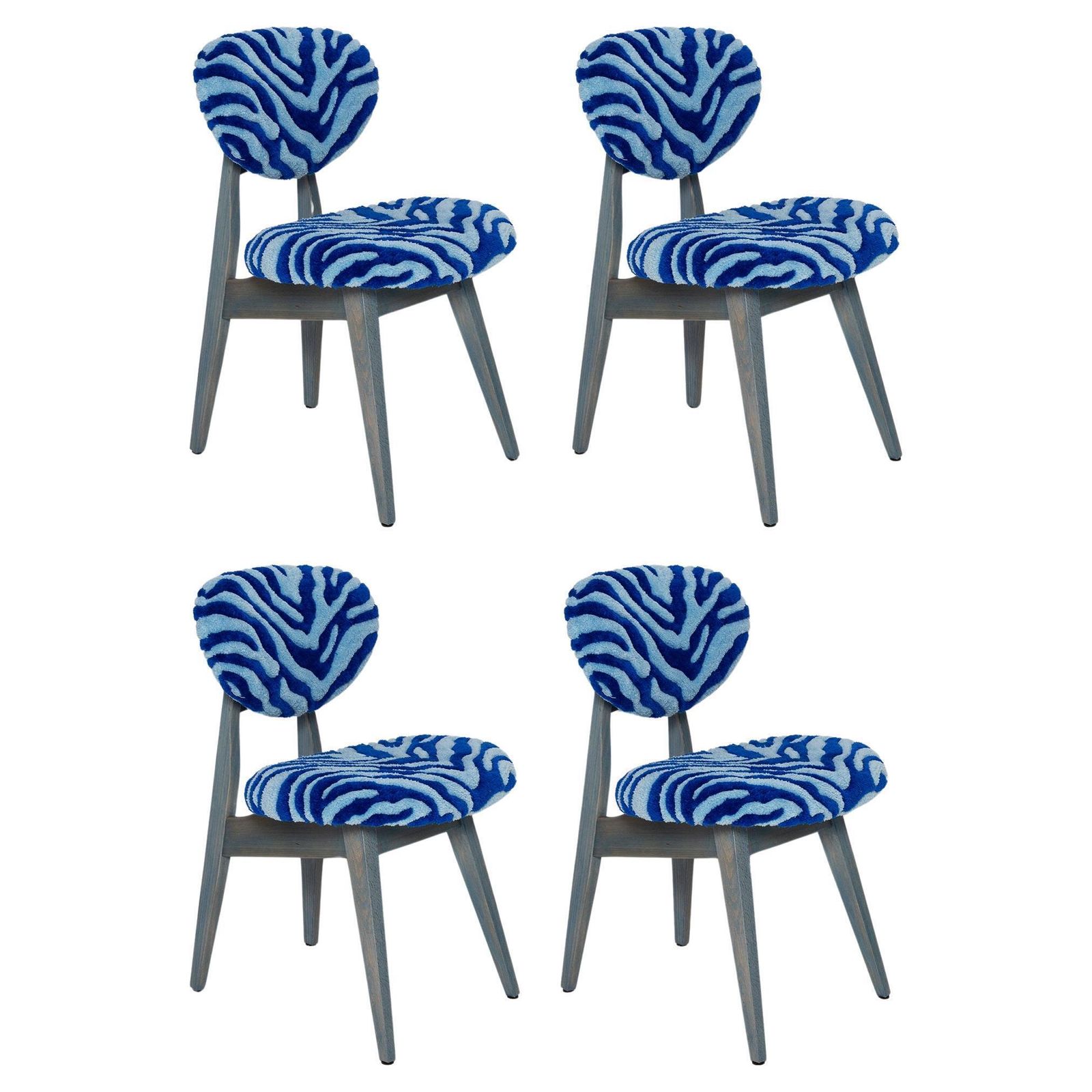 Set Of Four Mid Century Mushroom Chairs, Tufting Blue Zebra Wool, Europe, 1960s