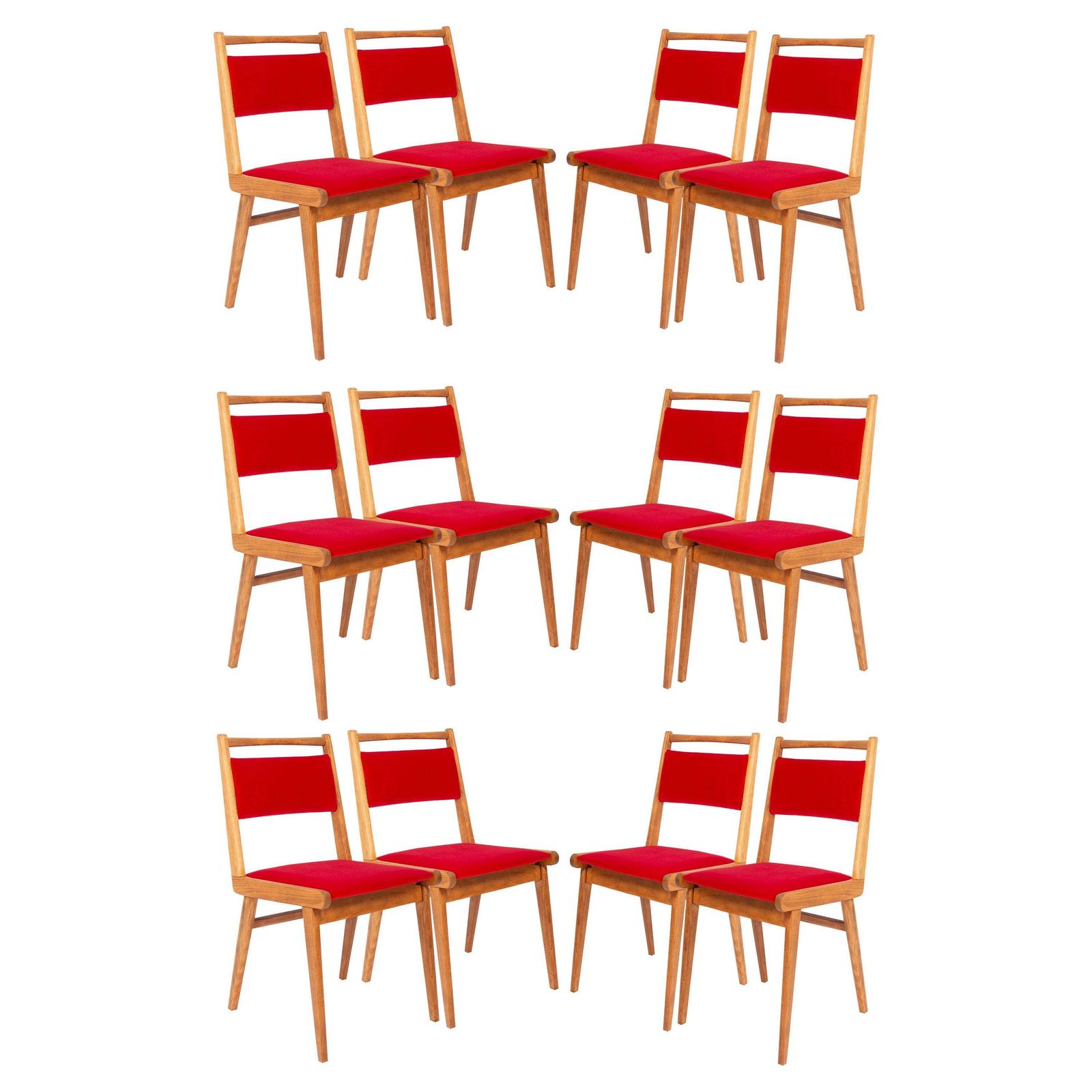 Set Van Twaalf 20e Eeuwse Stoelen Met Rode Fluwelen Bekleding, Van Rajmund Halas, Polen, Jaren 1960