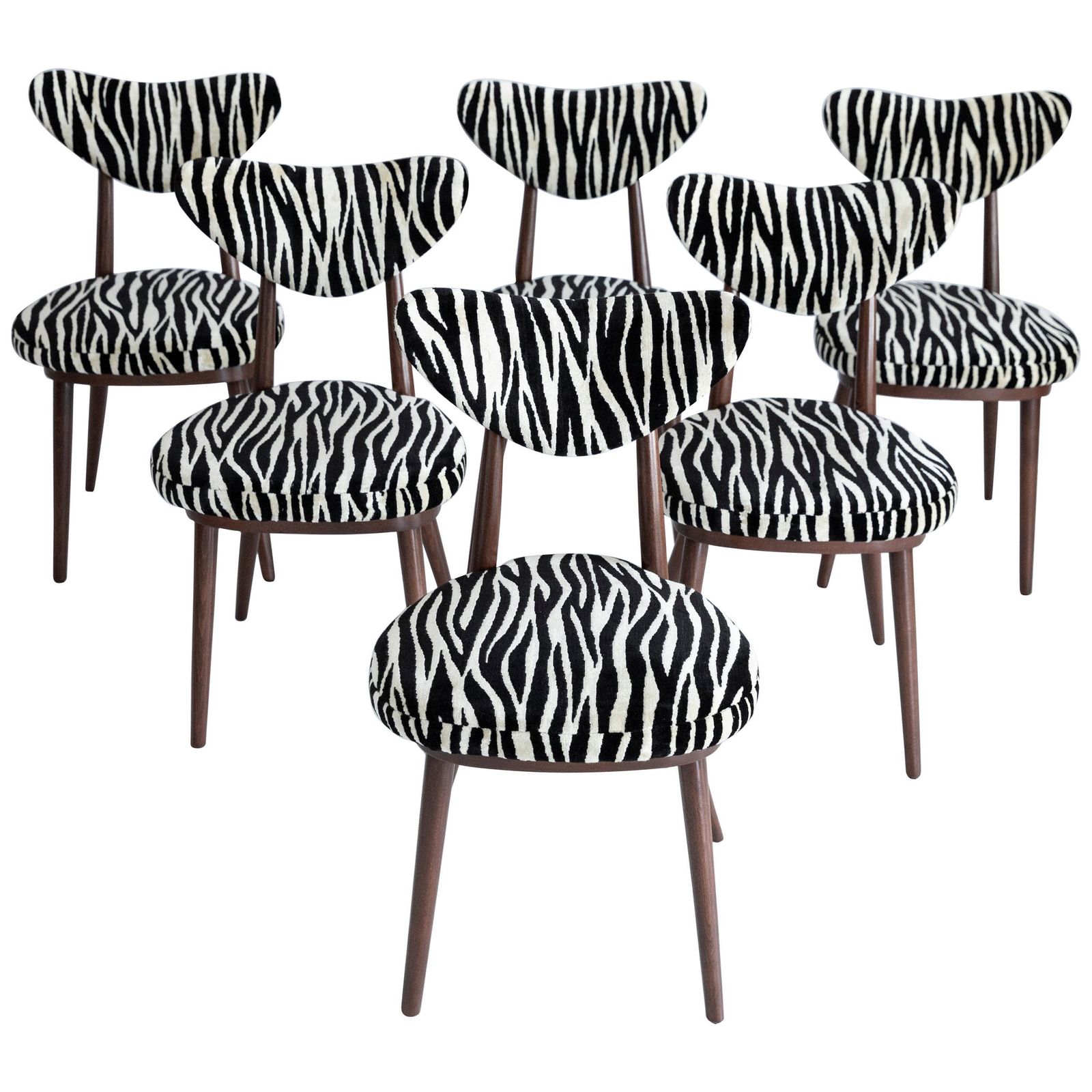 Set Of Six Midcentury Zebra Black And White Heart Chairs, Poland, 1960s