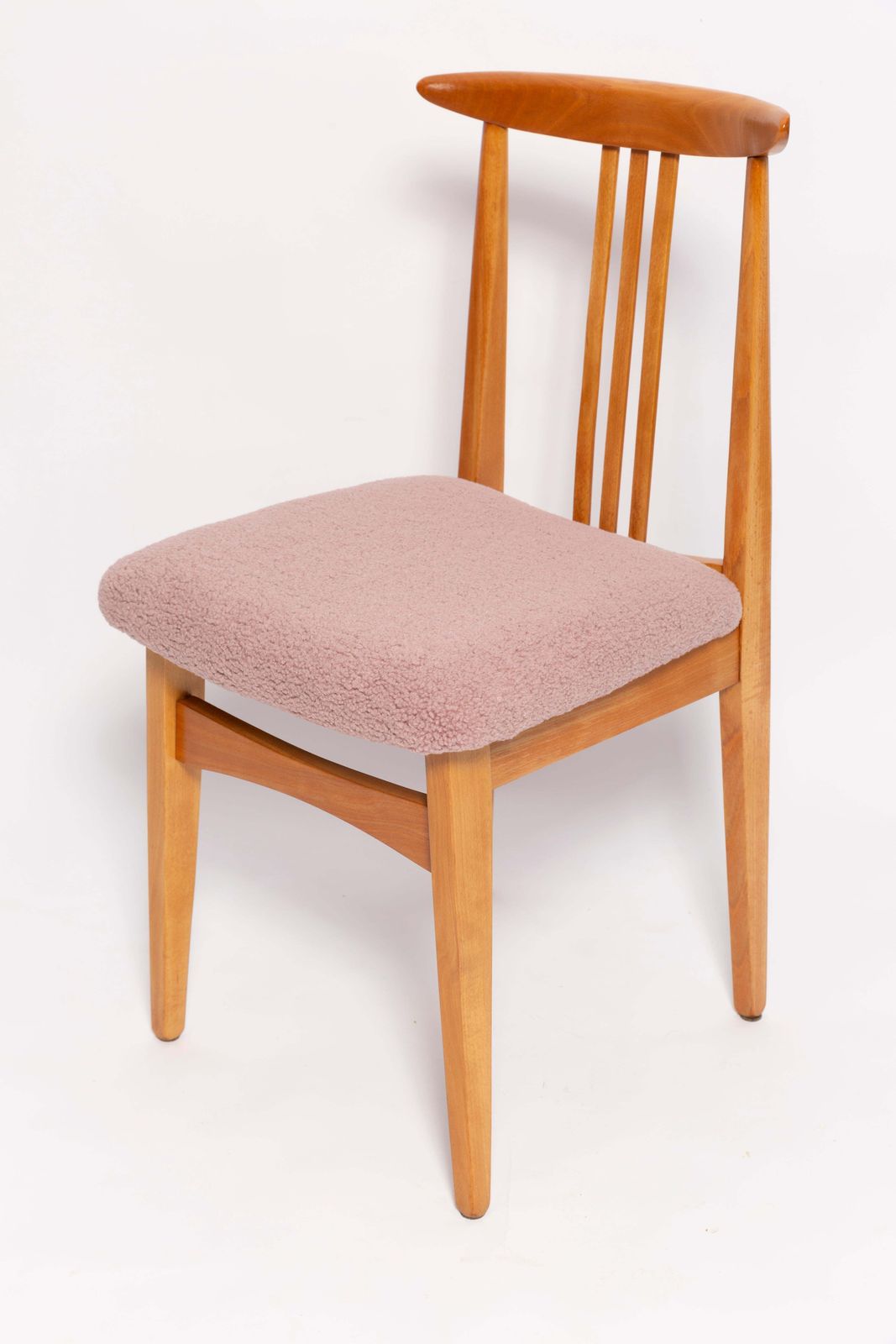 photo furniture Ten Mid Century Pink Blush Boucle Chairs, Light Wood, M. Zielinski, Europe 1960s