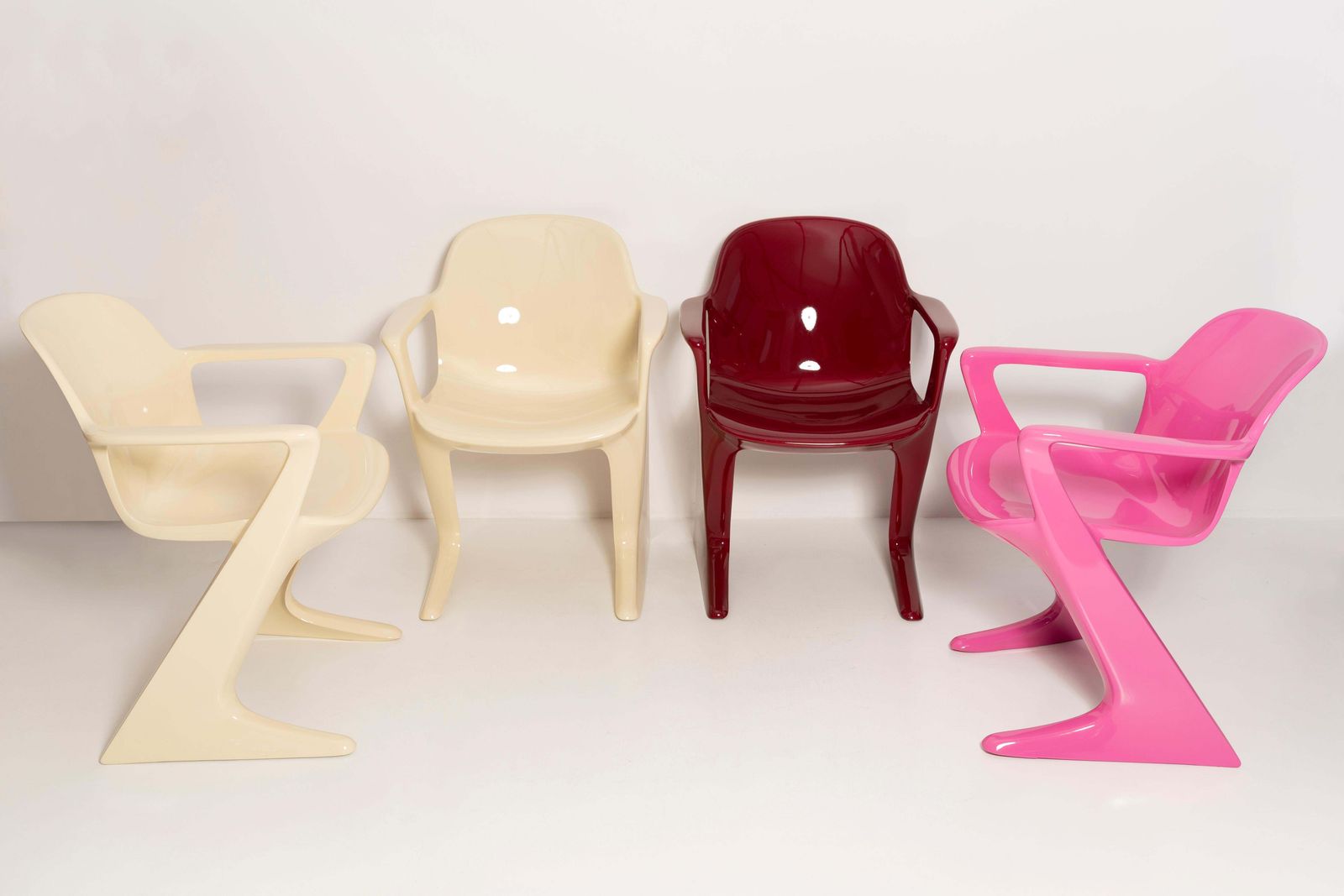 Four Mid Century Pink Beige Red Kangaroo Chairs, Ernst Moeckl, Germany, 1960s photo for sale