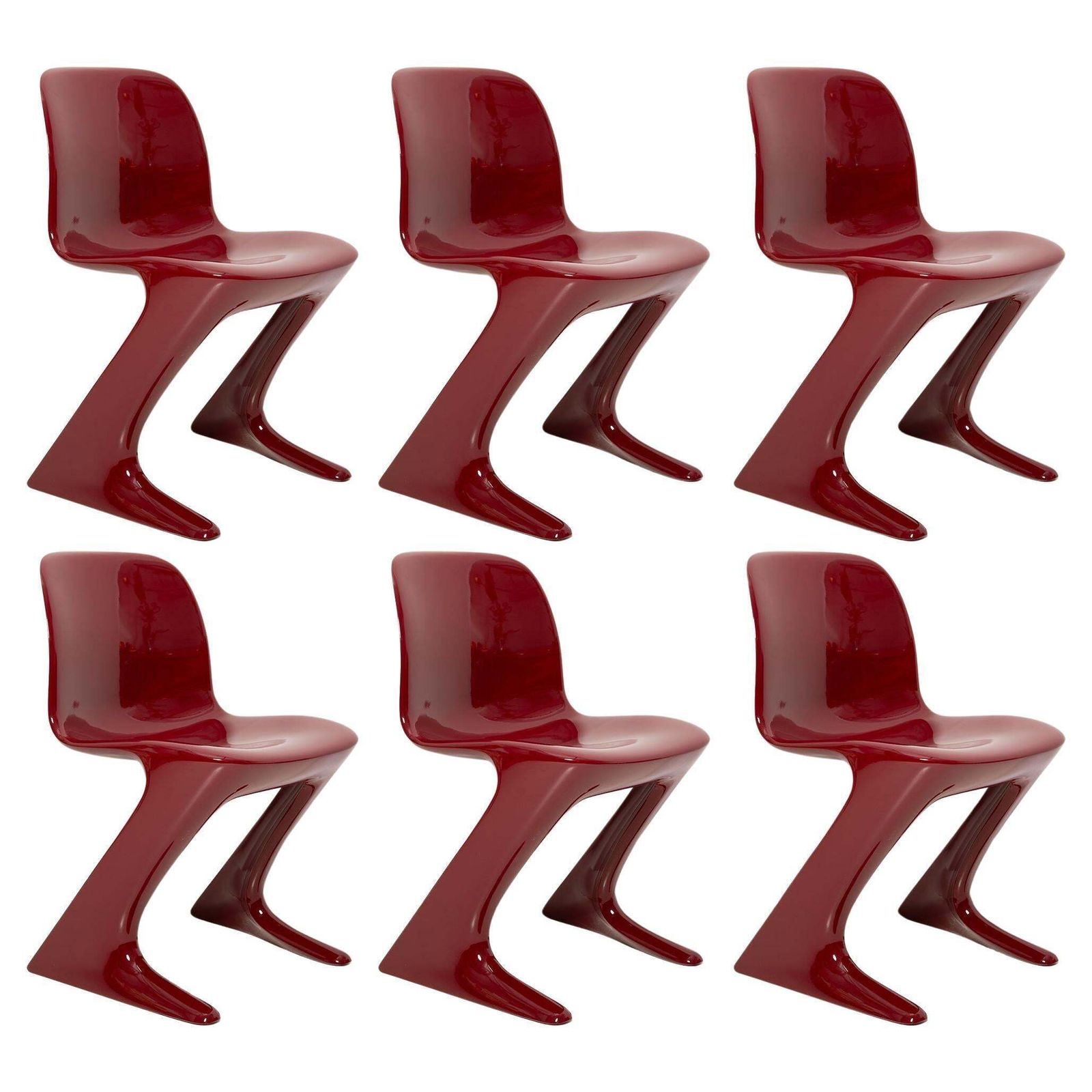 Set Of Six Dark Red Wine Kangaroo Chairs Designed By Ernst Moeckl, Germany, 1968