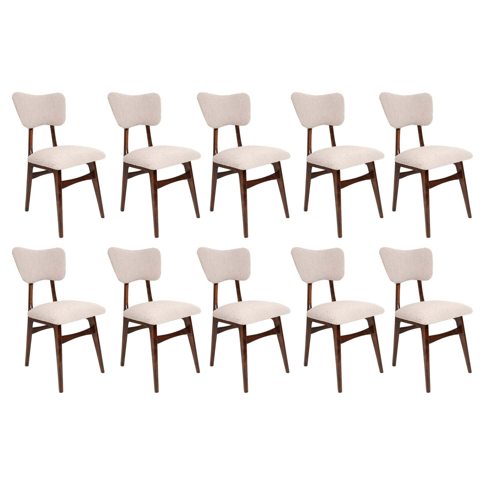 Set Of Ten Mid Century Chairs, Light Gray Boucle, Dark Walnut Wood, Europe, 1960s
