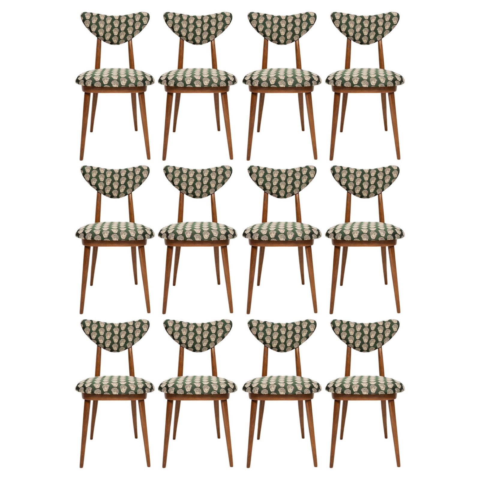 Ten Midcentury David Print Emerald Satin, Dark Wood Heart Chairs, Europe, 1960s