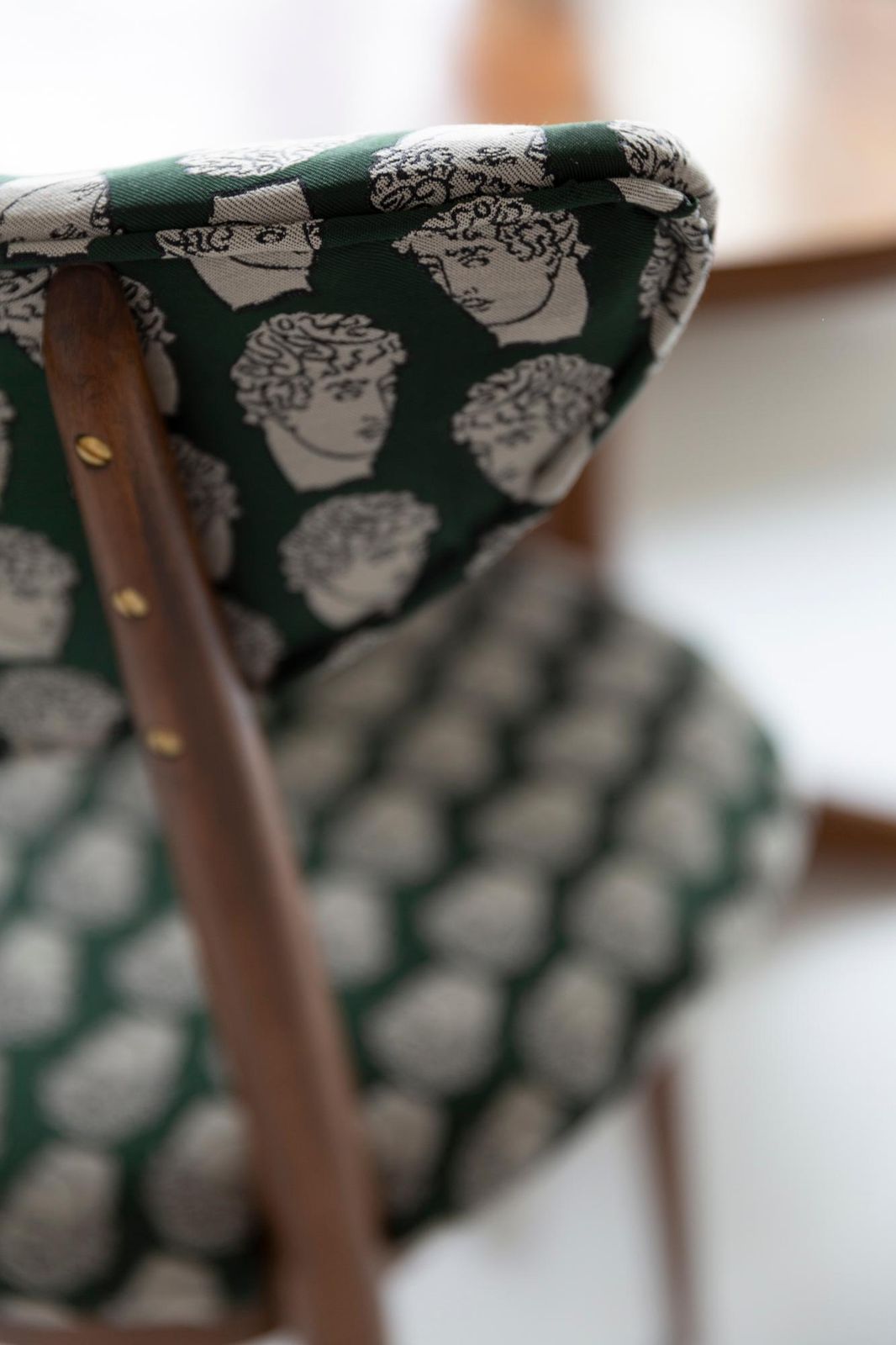 Ten Midcentury David Print Emerald Satin, Dark Wood Heart Chairs, Europe, 1960s photo for sale