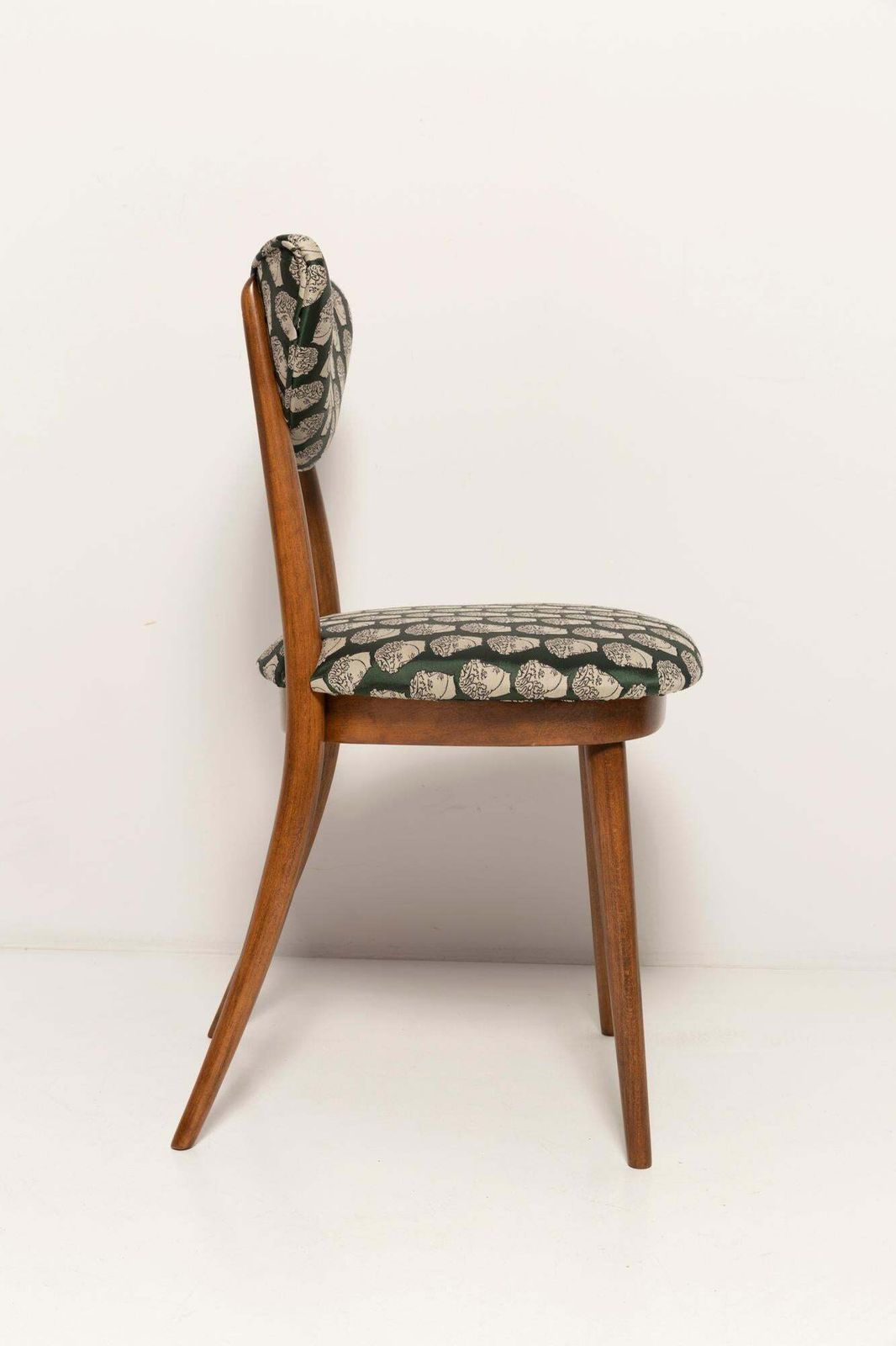 Ten Midcentury David Print Emerald Satin, Dark Wood Heart Chairs, Europe, 1960s photo vintage