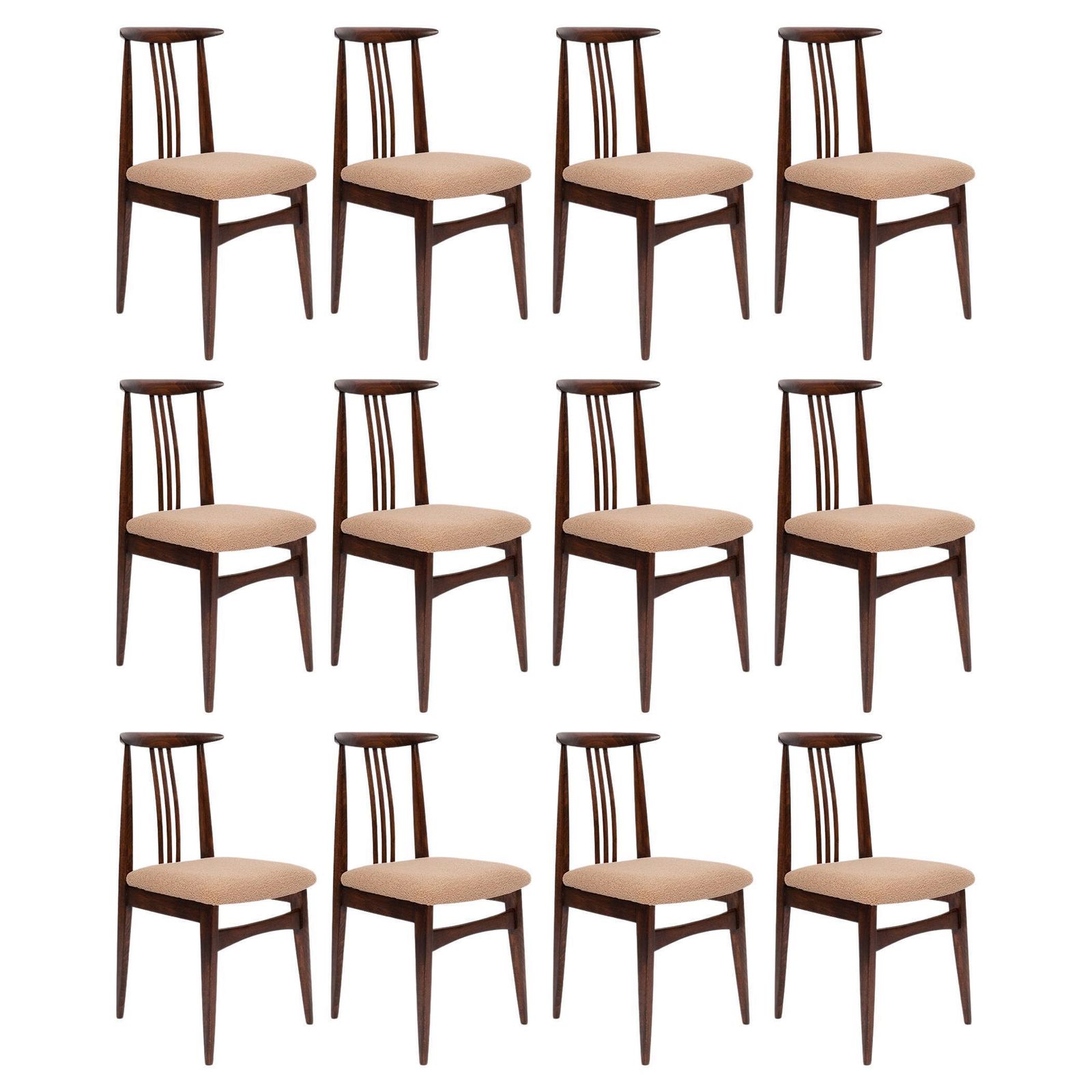 Twelve Mid Century Latte Boucle Chairs, Walnut Wood, M. Zielinski, Europe 1960s