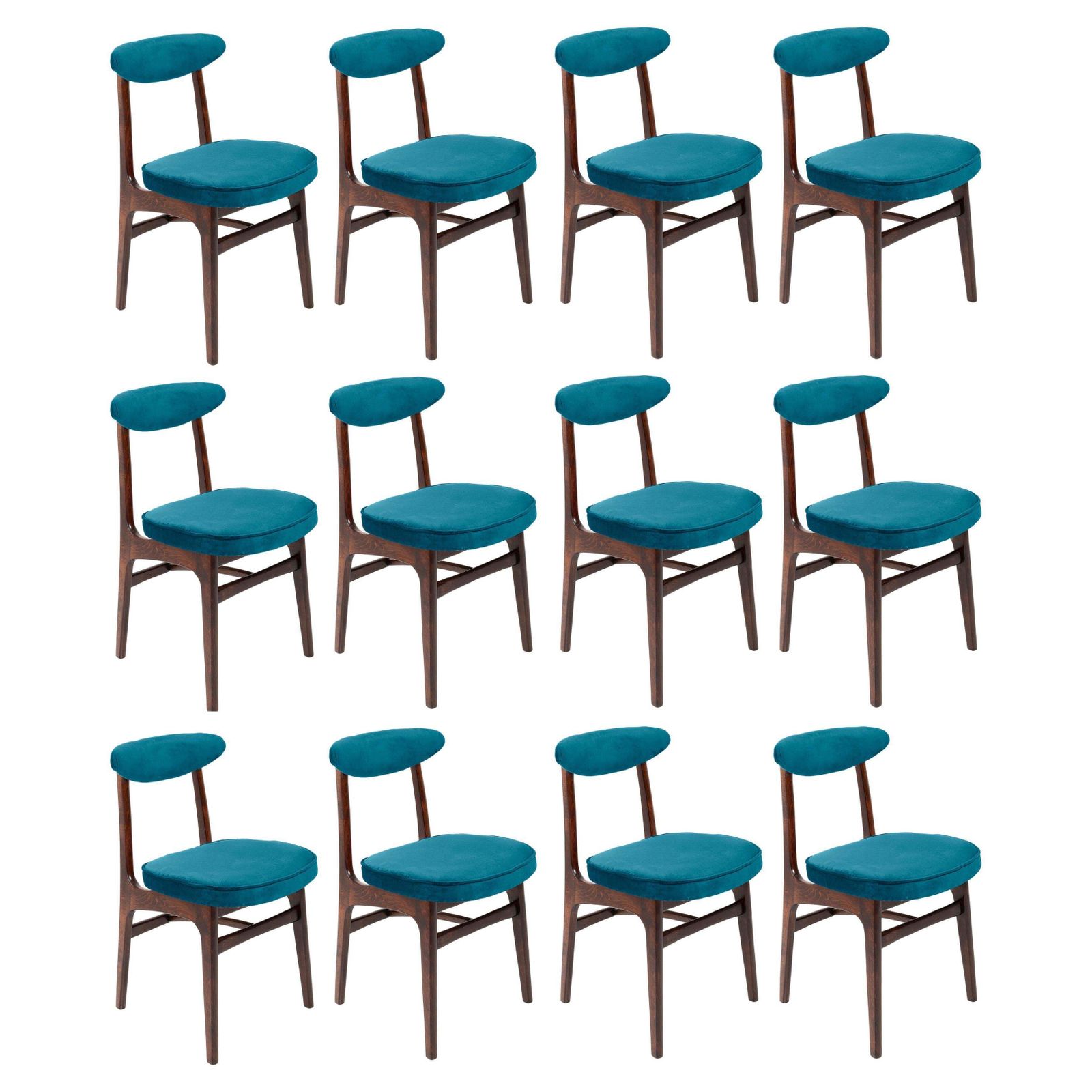 Twelve 20th Century Petrol Blue Velvet Chairs By Rajmund Halas Europe, 1960s