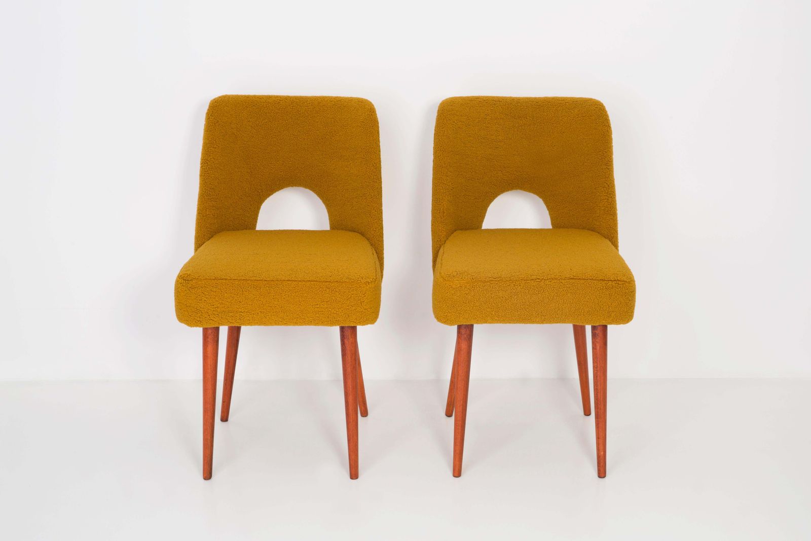 Set Of Twelve Yellow Ochre Boucle 'Shell' Chairs, 1960s photo for sale