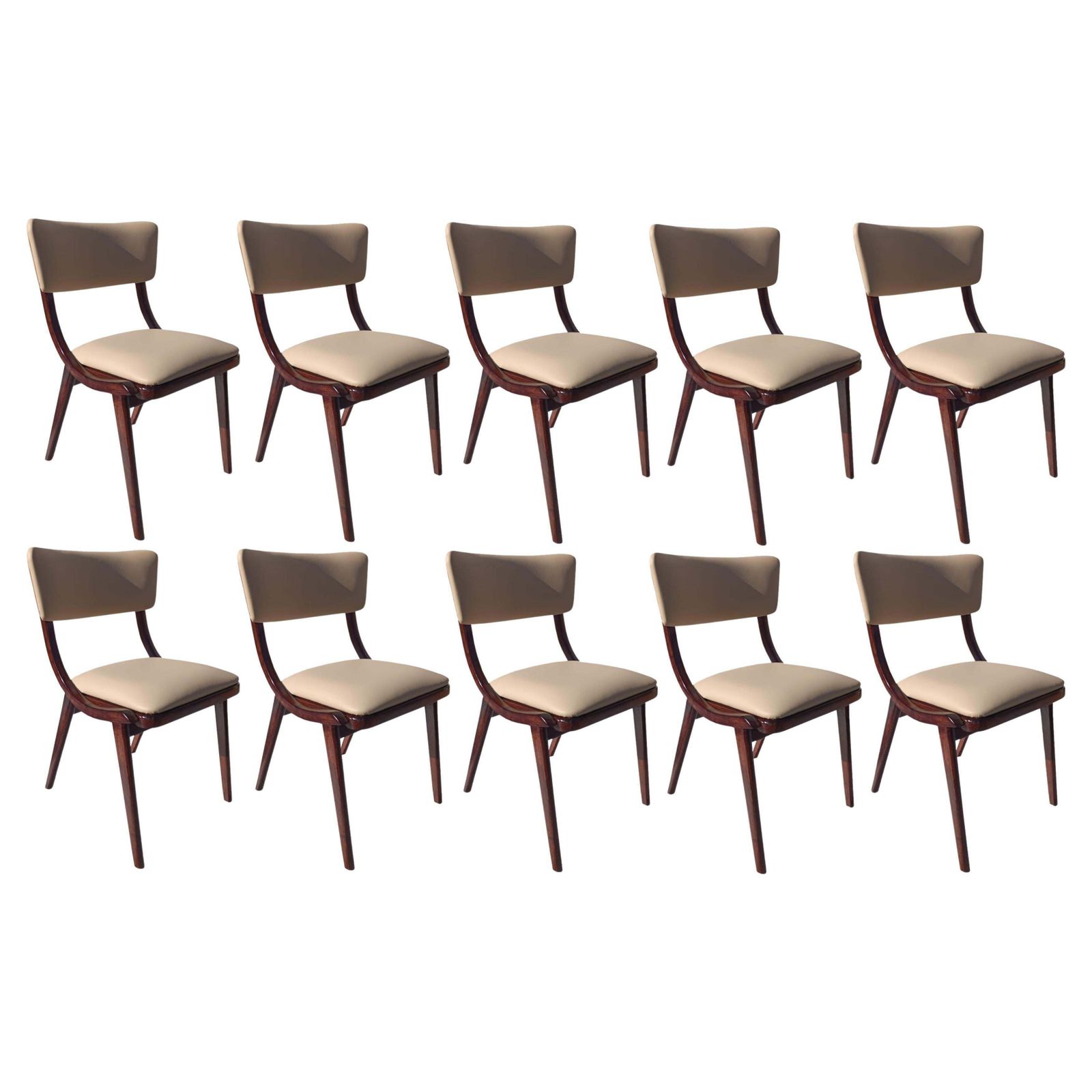 Set Of Ten Mid Century Modern Bumerang Chairs, Light Creme Leather, Poland, 1960
