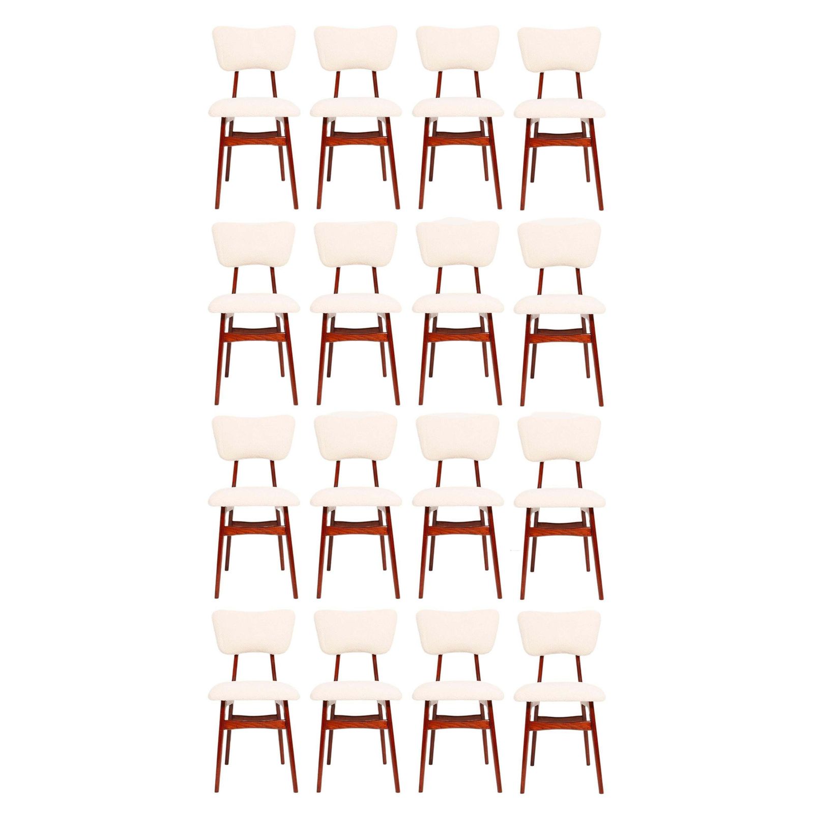 Zestien 20e Eeuwse Lichtcrème Bouclé Kersenhouten Vlindersstoelen, Jaren 1960, Europa