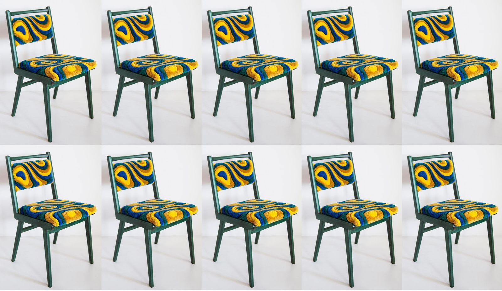 Tien Mid Century Fauteuils, Groen En Geel Gewatteerde Wollen Bekleding, Europa, Polen, Ca. Jaren 1960 photo furniture