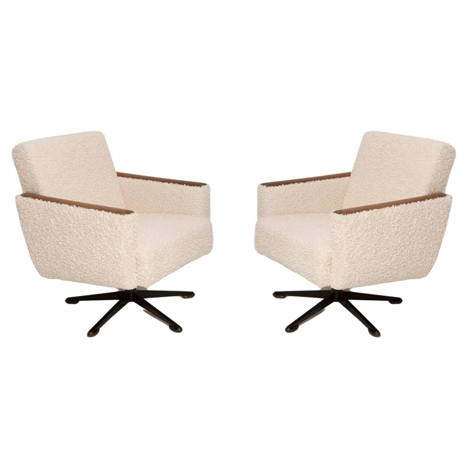 Pair Of Midcentury Light Faux Fur Bouclé Swivel Armchairs, Europe, 1960s