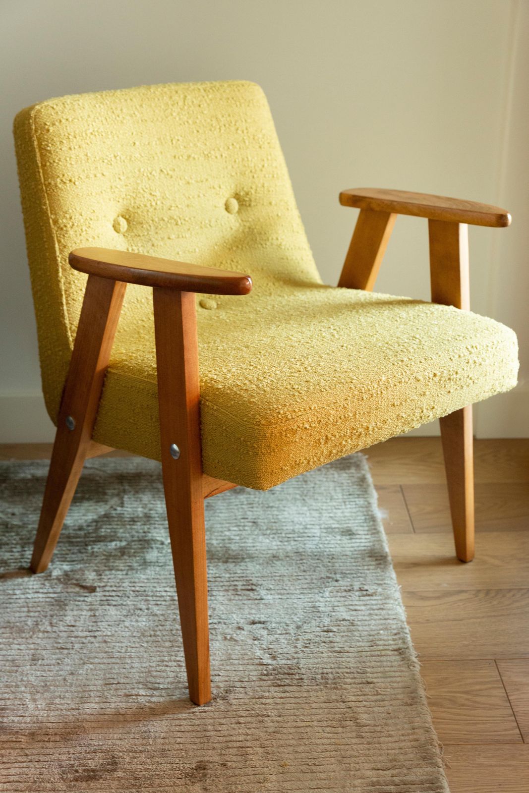 Midcentury 366 Club Armchair In Yellow Boucle, Jozef Chierowski, Europe, 1960s photo furniture