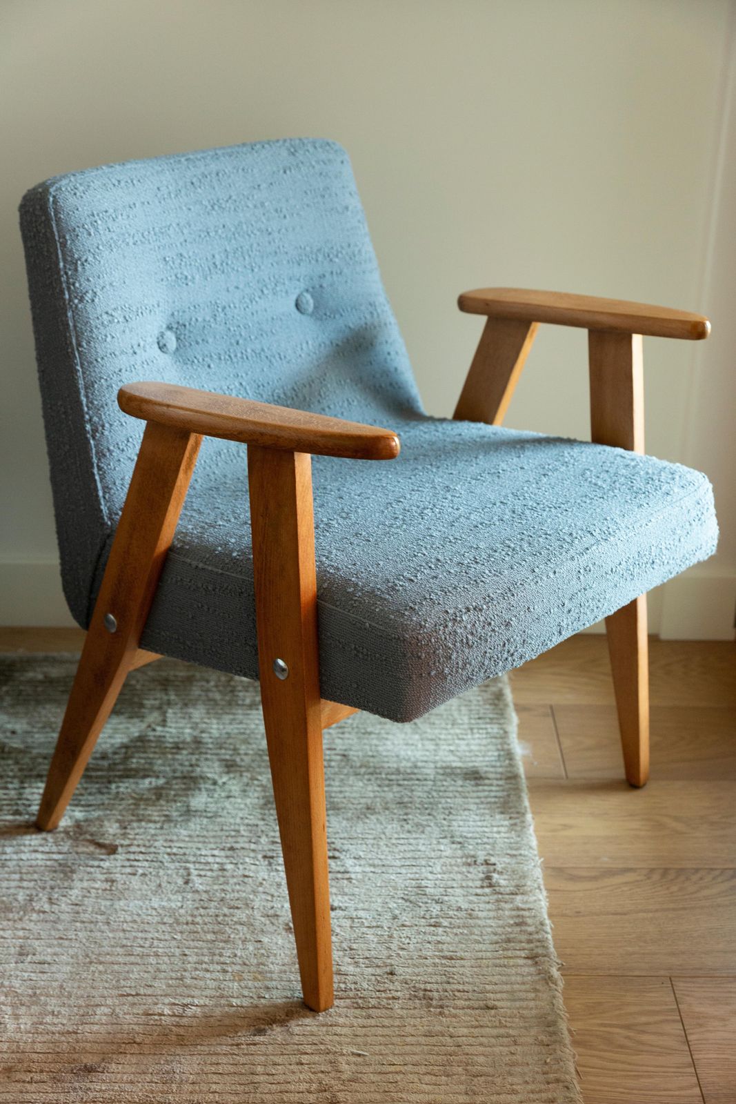 Midcentury 366 Club Armchair In Gray Blue Boucle, J. Chierowski, Europe, 1960s photo for sale