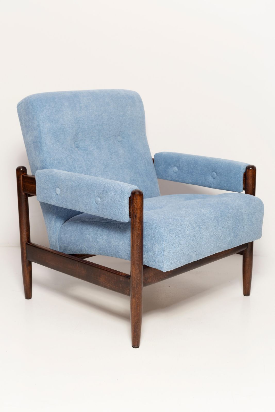 Mid Century Baby Blue Velvet Vintage Armchair, Walnut Wood, Europe, 1960s photo furniture