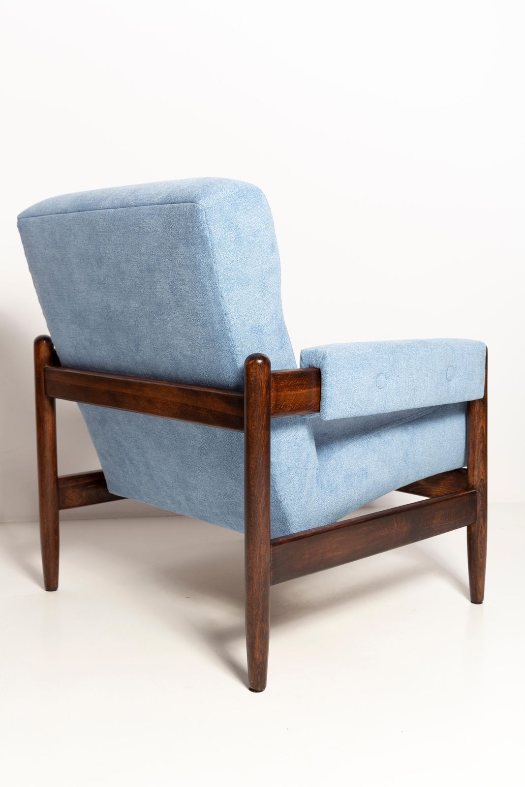 photo furniture Mid Century Baby Blue Velvet Vintage Armchair, Walnut Wood, Europe, 1960s