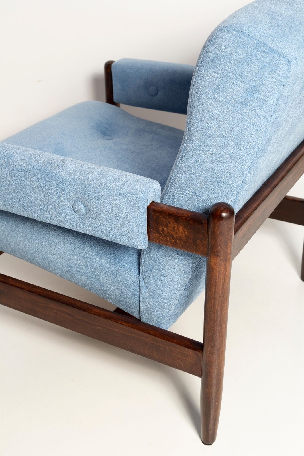 Furniture Mid Century Baby Blue Velvet Vintage Armchair, Walnut Wood, Europe, 1960s photo