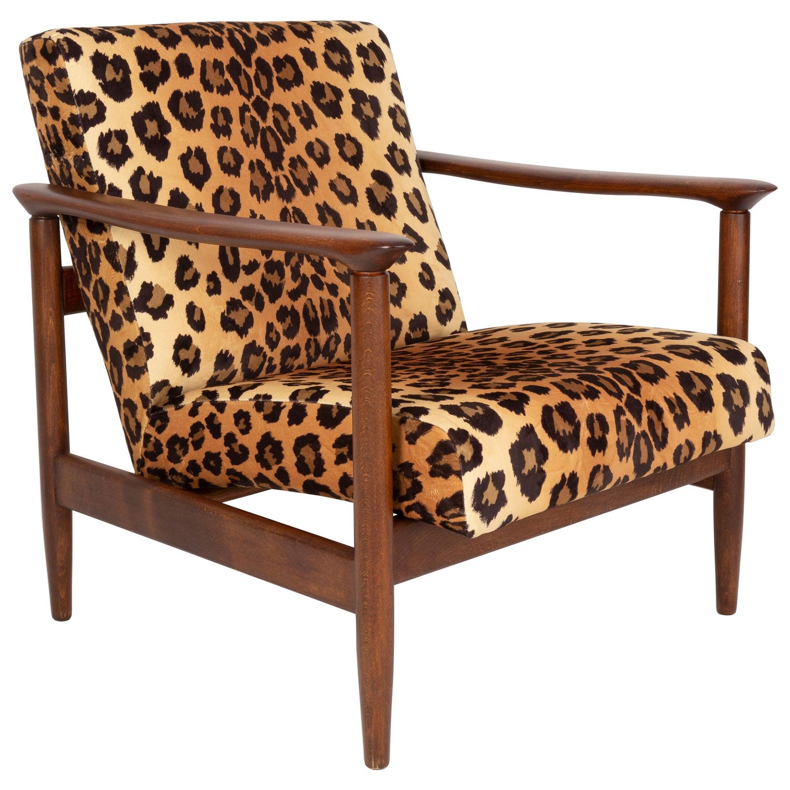 Fauteuil Met Luipaardprint Fluweel, Hollywood Regency, Donker Hout, Edmund Homa, Jaren 1960, Polen