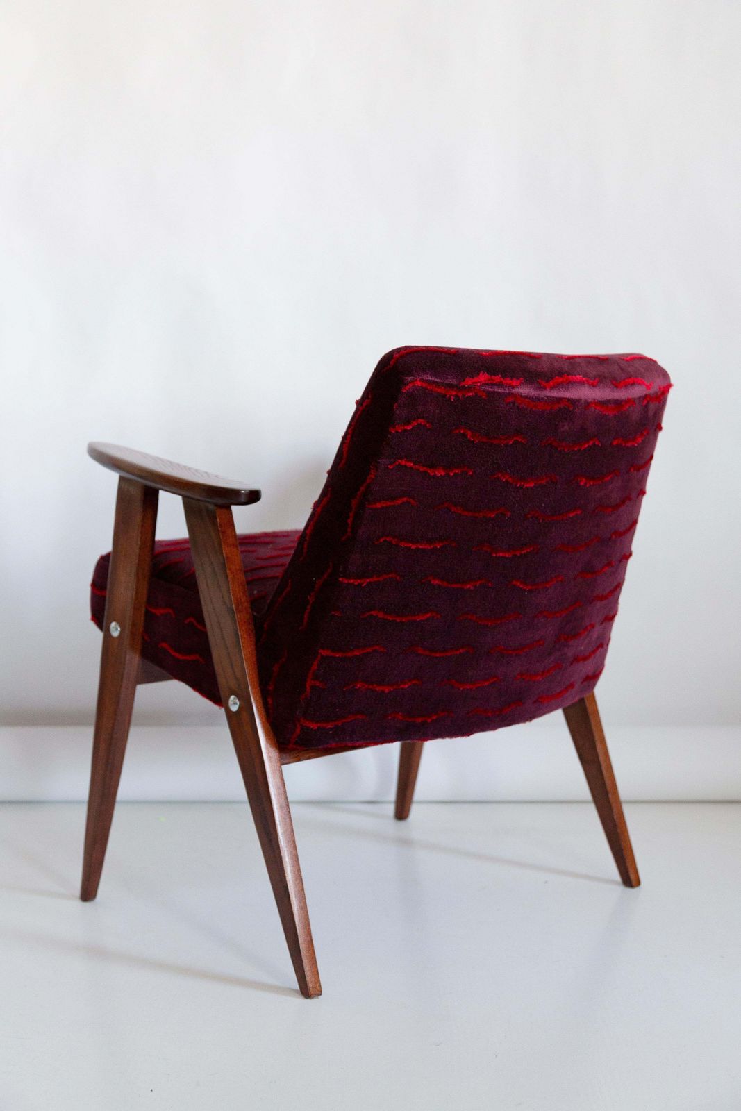 photo for sale Mid Century 366 Armchair, Dark Red Velvet, By Jozef Chierowski, Europe, 1960s