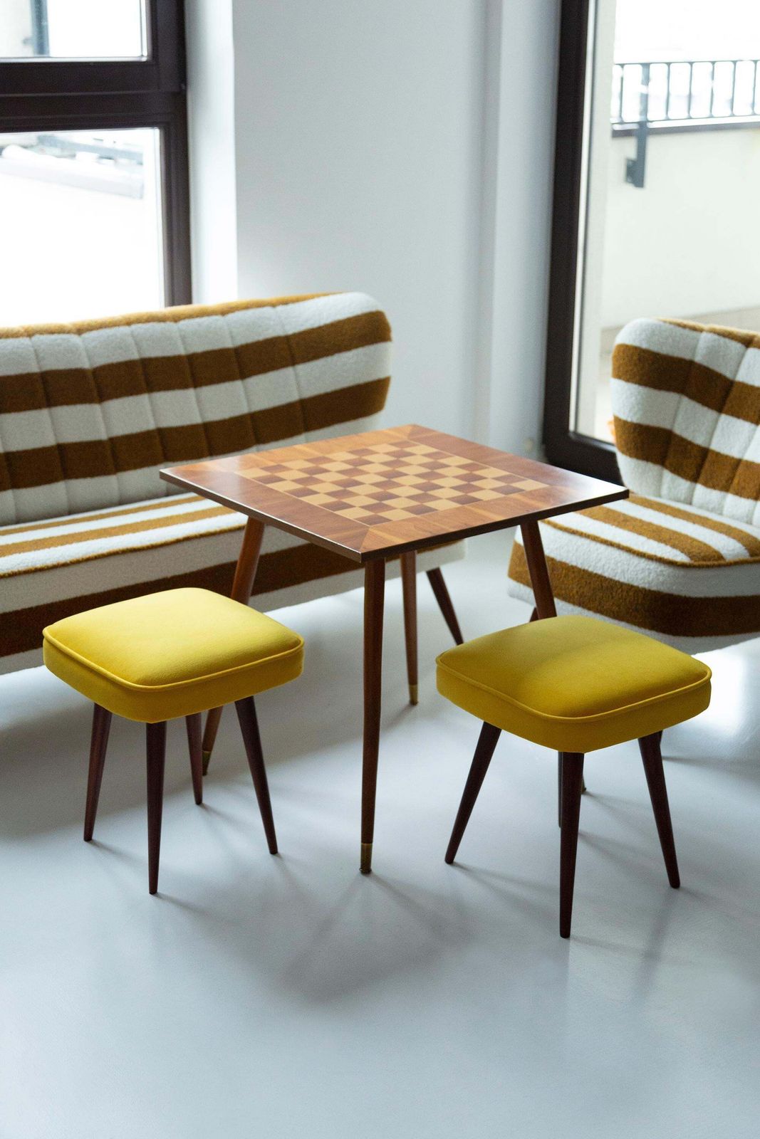 Mid Century Mustard Yellow Velvet Foot Stool, Poland, 1960s photo for sale