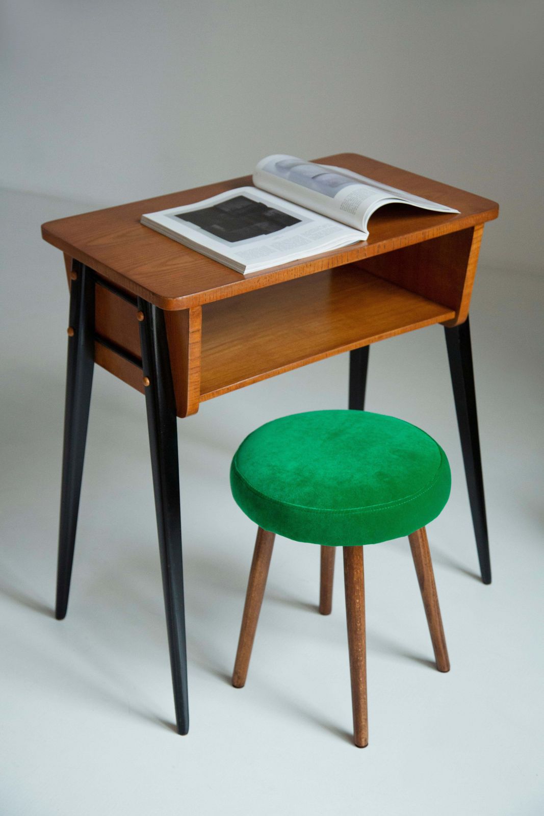 Mid Century Grass Green Velvet Stool, Europe, 1960s photo furniture