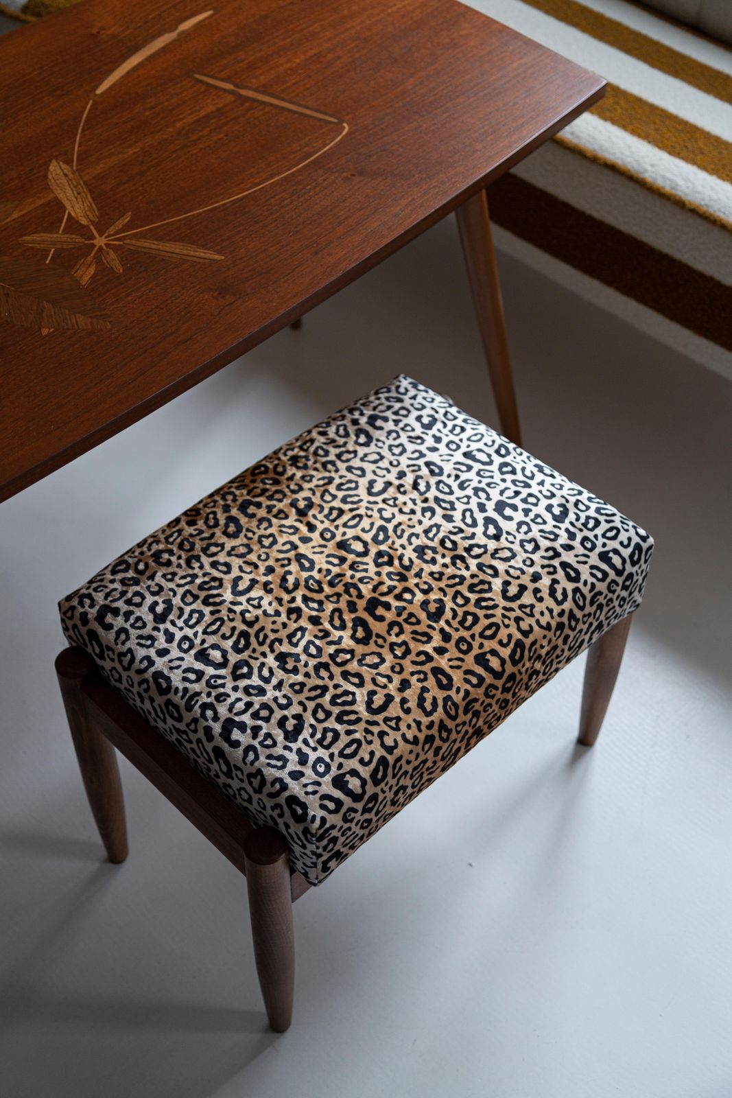 Midcentury Vintage Leopard Velvet Stool, Edmund Homa, Europe, 1960s photo furniture