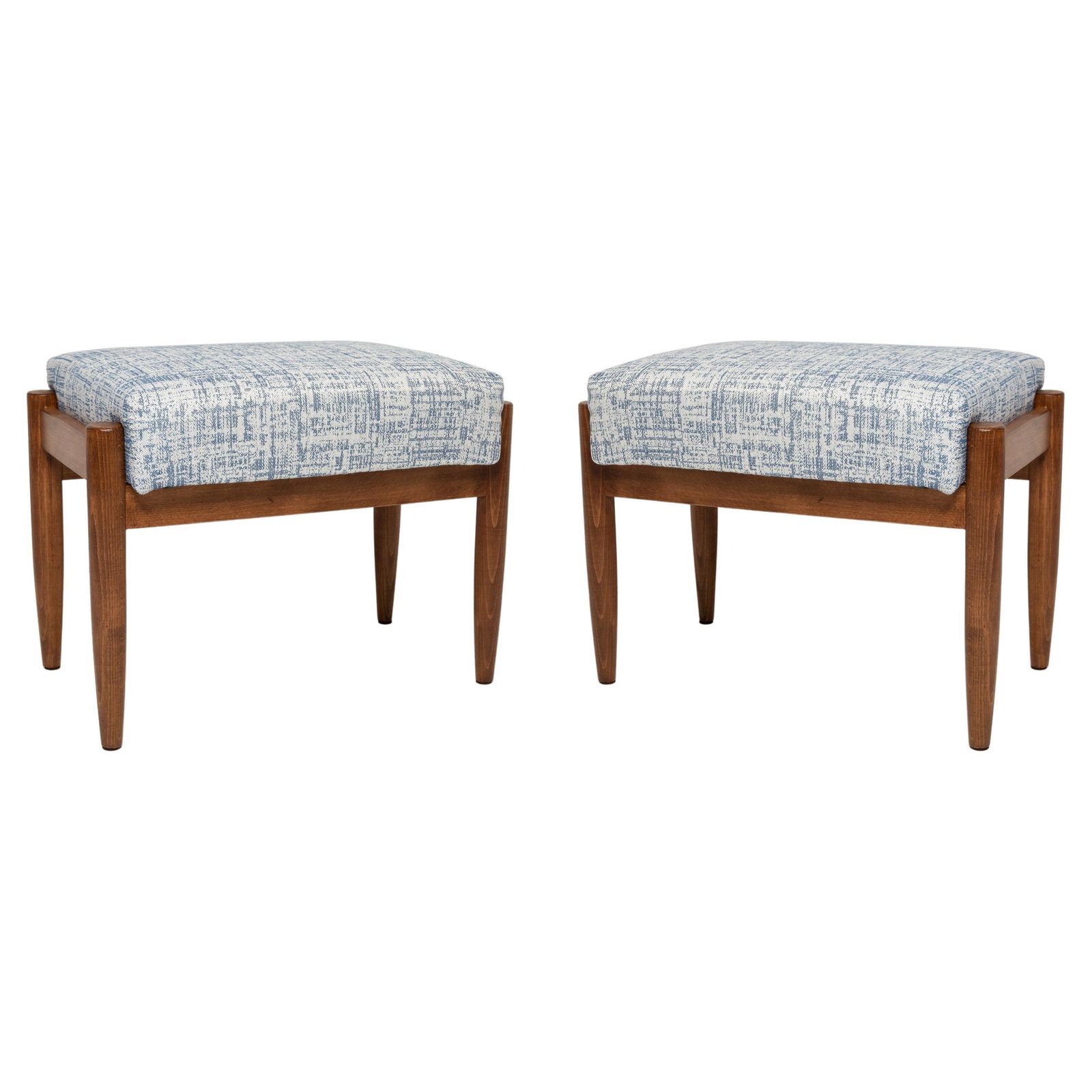 Pair Of Midcentury White And Blue Linen Vintage Stools, Edmund Homa, 1960s