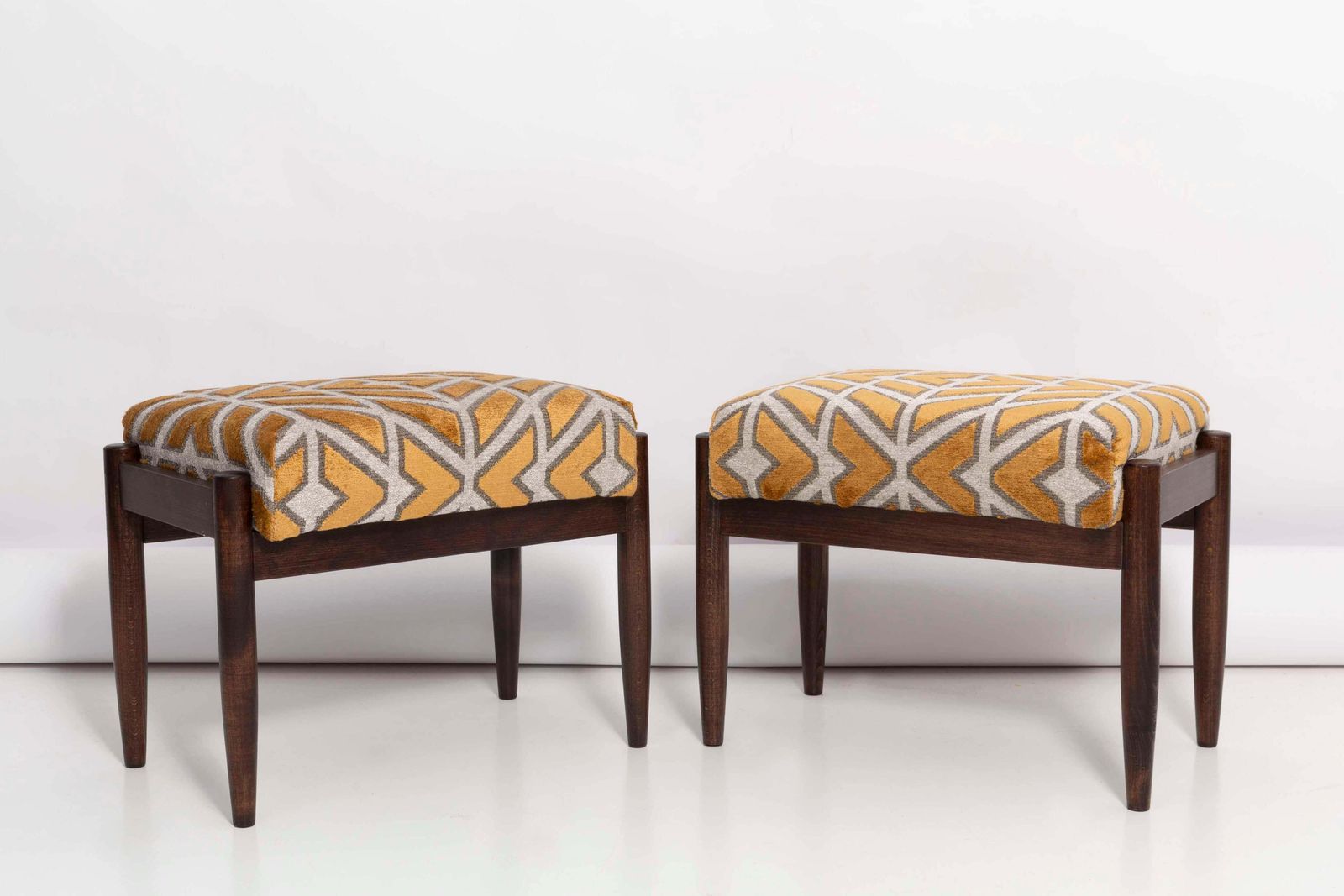 Pair Of 20th Century Yellow Pattern Velvet Vintage Stools, Edmund Homa, 1960s photo for sale