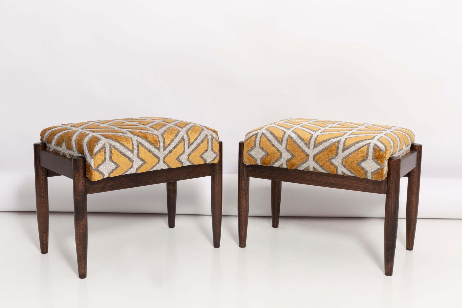 Pair Of 20th Century Yellow Pattern Velvet Vintage Stools, Edmund Homa, 1960s photo vinterior