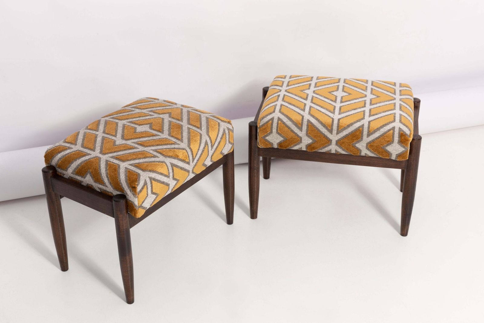 Pair Of 20th Century Yellow Pattern Velvet Vintage Stools, Edmund Homa, 1960s photo buy