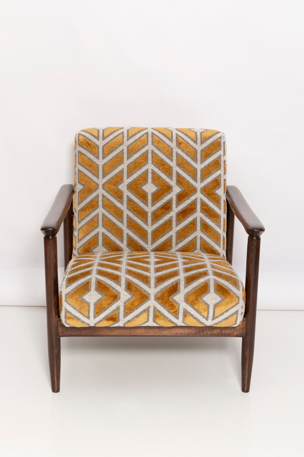photo furniture Mid Century Pattern Velvet Mustard Armchair, By Edmund Homa, Europe, 1960s.