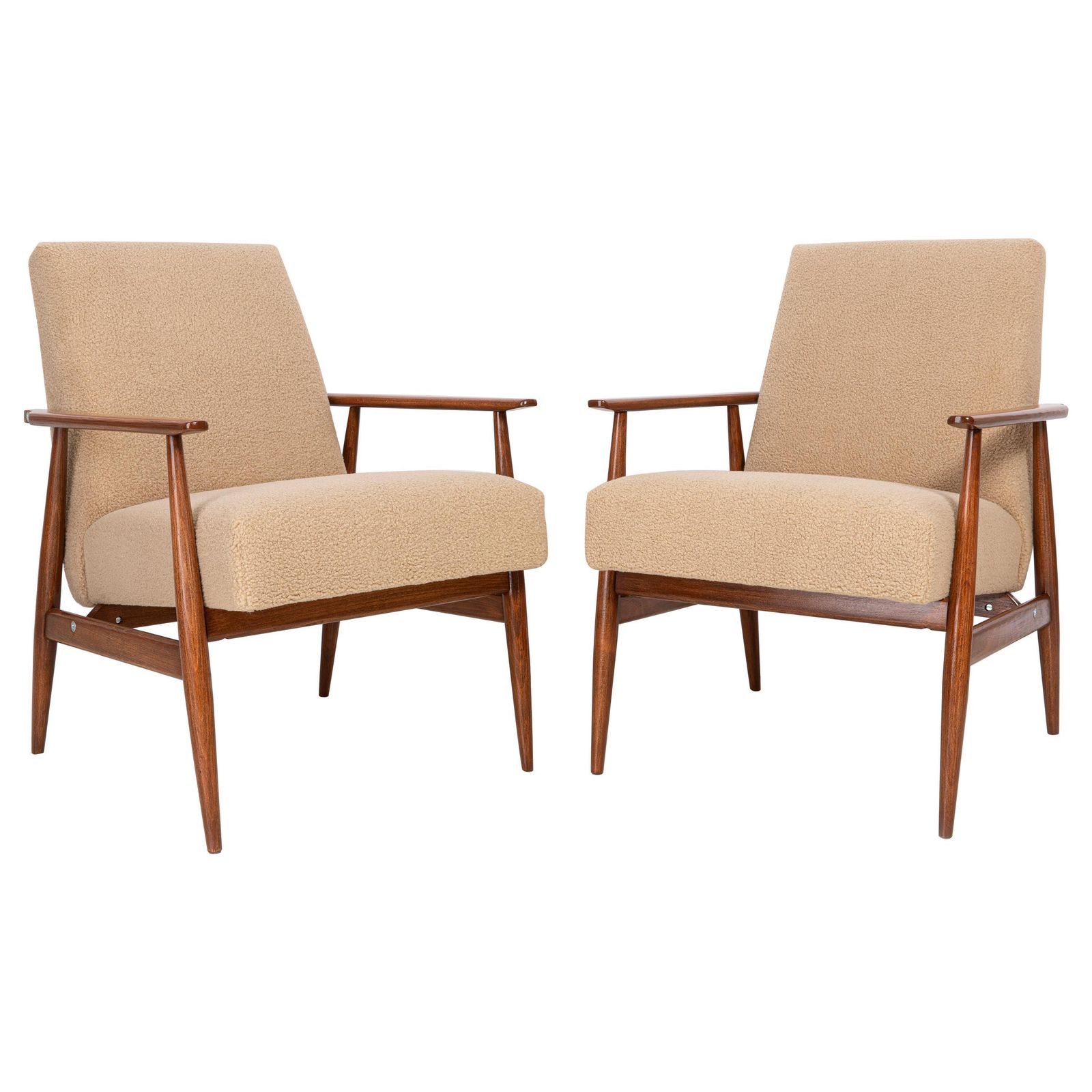 Pair Of Camel Bouclé Dante Armchairs, H. Lis, 1960s