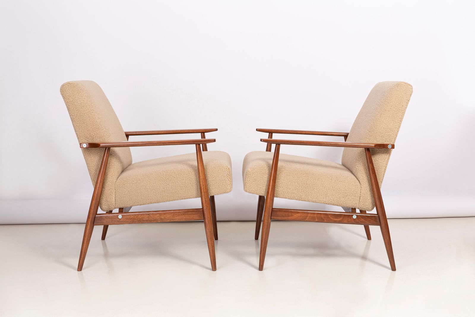Pair Of Camel Bouclé Dante Armchairs, H. Lis, 1960s photo for sale