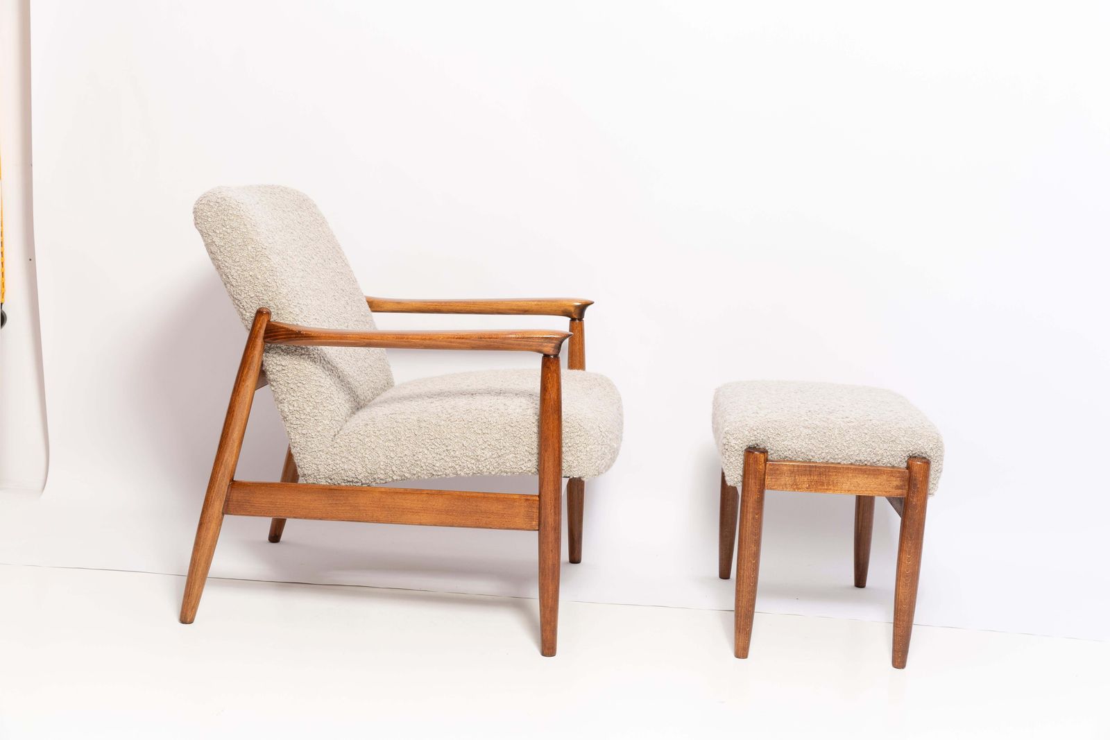 Midcentury Gray Alpaca Wool Armchair And Stool, Edmund Homa, Poland, 1960s photo vintage