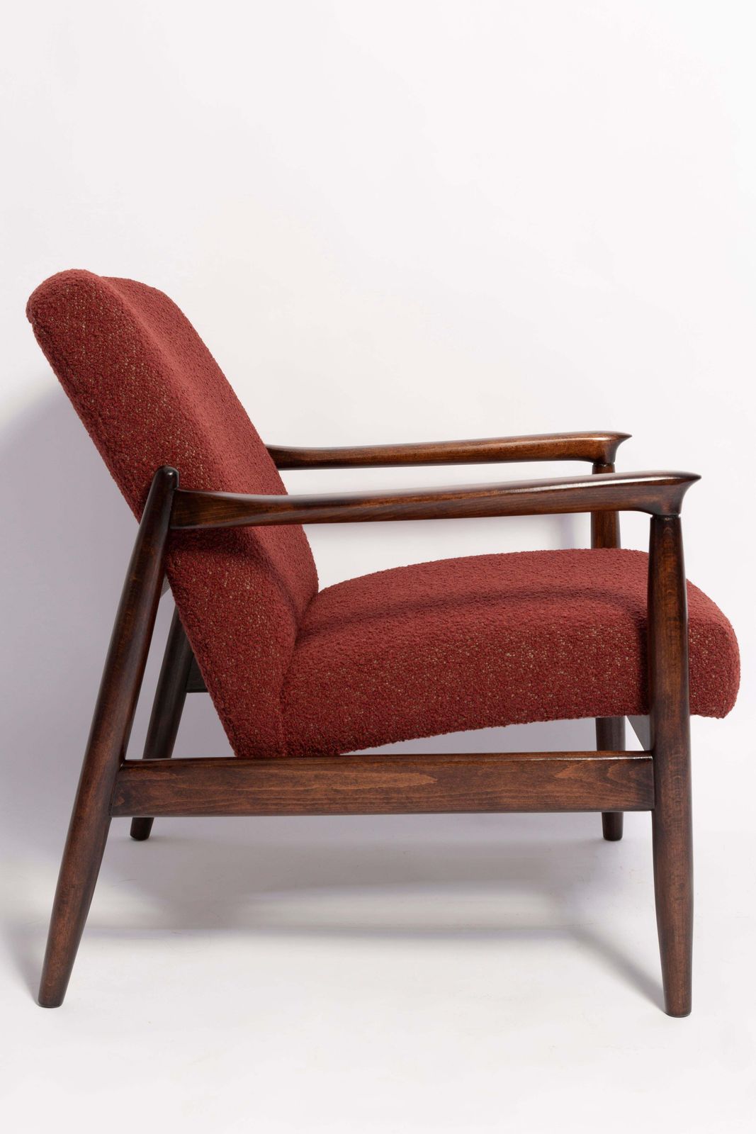 Two Mid Century Burgundy Boucle Gfm 64 Armchairs, Edmund Homa, Europe, 1960s photo vinterior